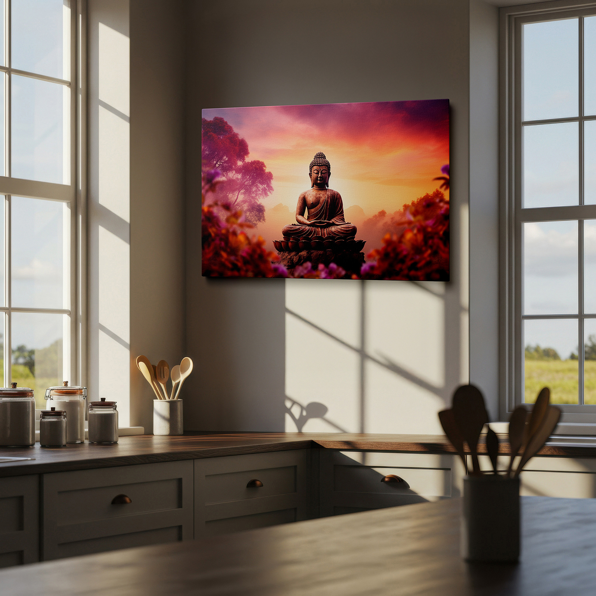 Installation made easy with a centered hook and clean wire mount — serene buddha amidst sunlit blossoms: a tranquil fusion of light and spirit - large canvas wall art for office and bedroom decor