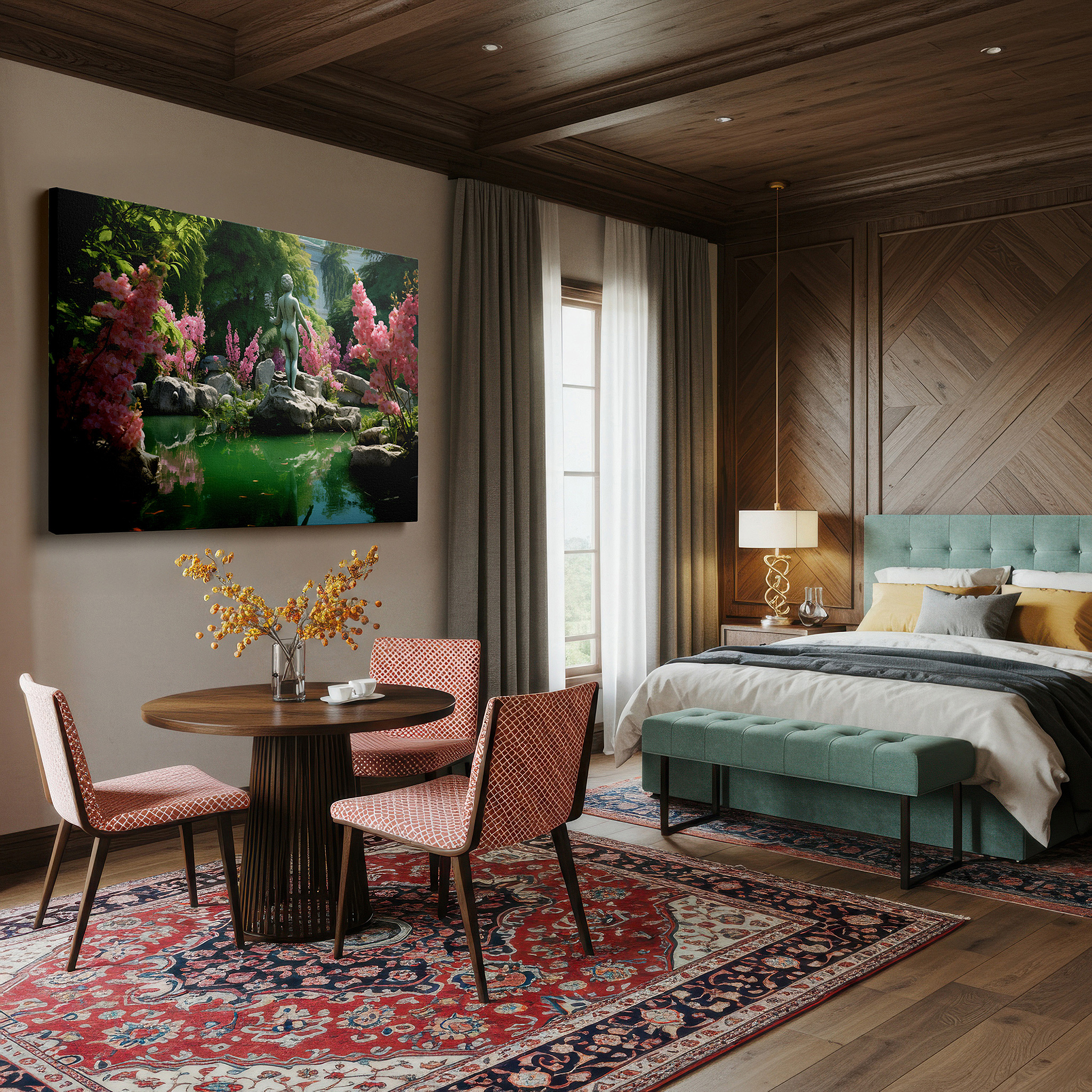 Installation made easy with a centered hook and clean wire mount — serene garden oasis canvas wall art featuring a pond, graceful statue, and vivid pink flowers - ideal for office or bedroom decor