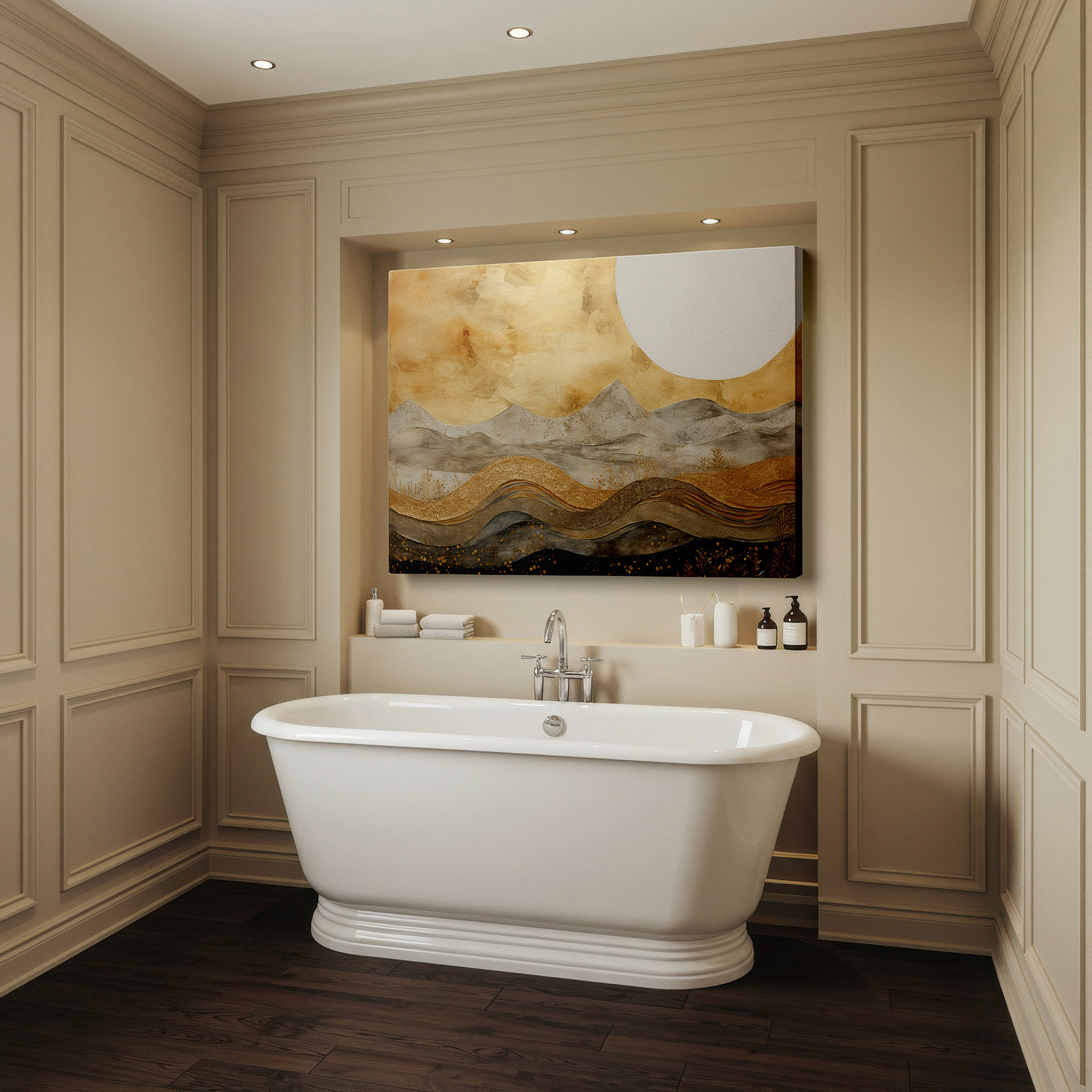 Installation made easy with a centered hook and clean wire mount — serene hills and valleys in warm gold tones, tranquil abstract landscape large wall art, canvas wall art, wall decor for office and bedroom