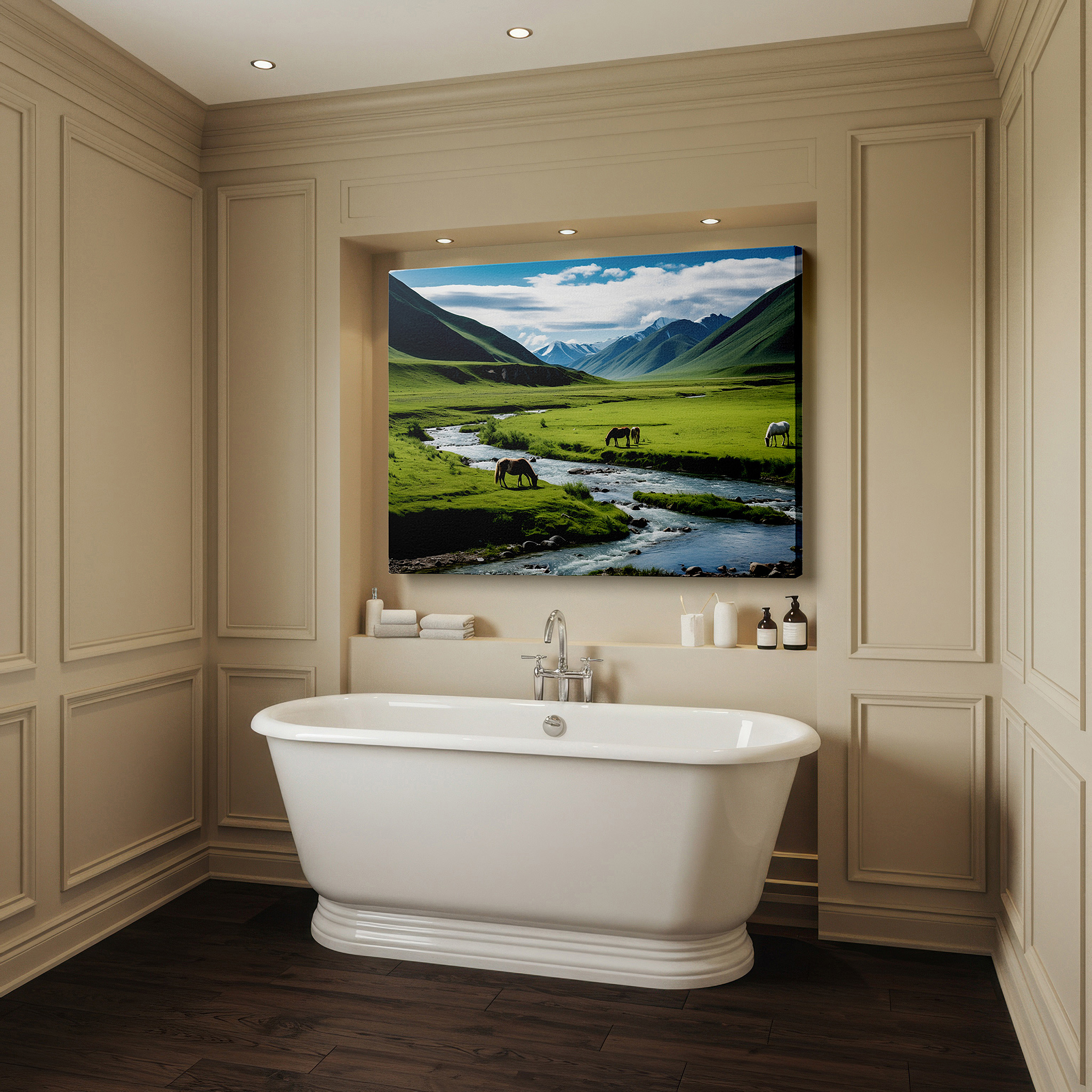 Installation made easy with a centered hook and clean wire mount — serene meadow with majestic horses under snow-capped peaks: tranquil large wall art for office and home decor, canvas wall art