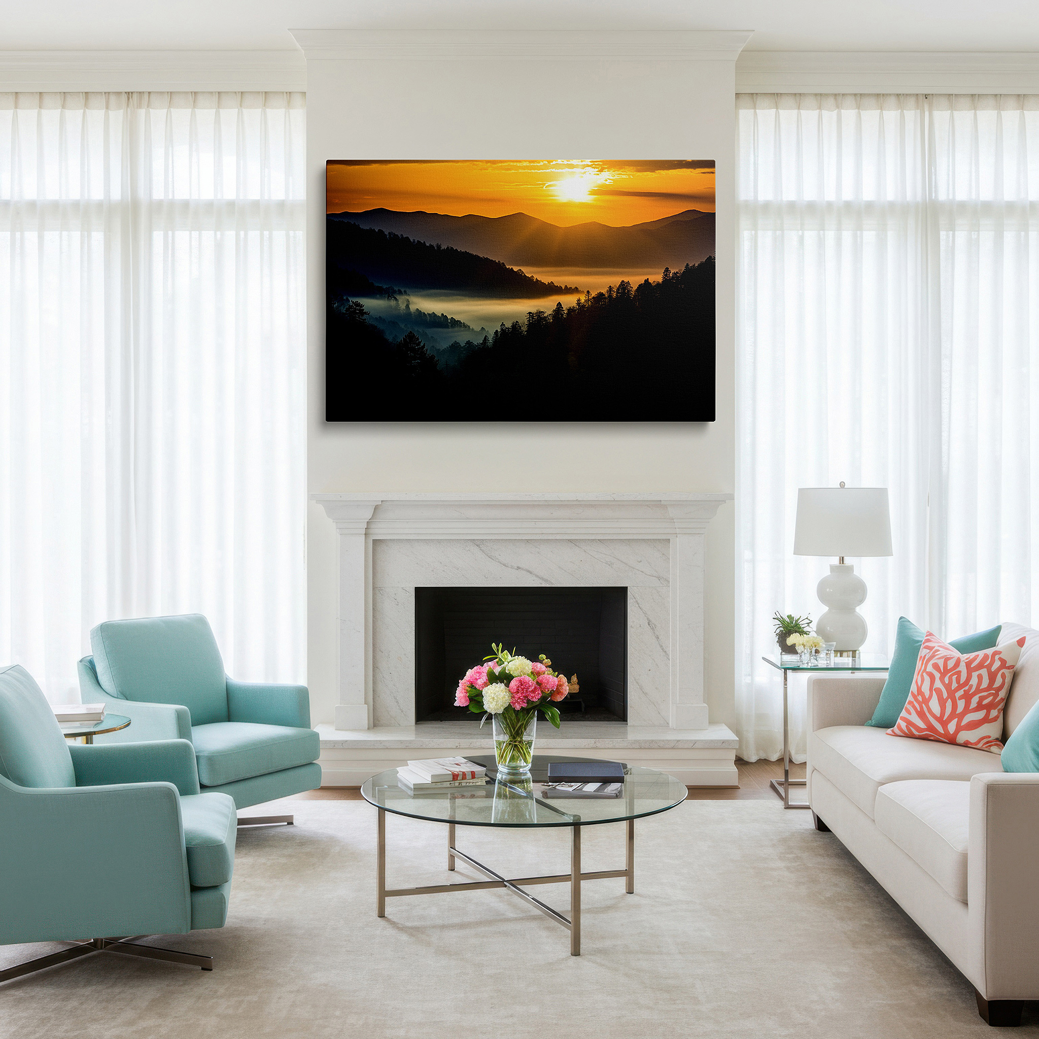 Installation made easy with a centered hook and clean wire mount — serene sunset and misty mountains wall art: tranquil wilderness large canvas for home and office decor, perfect for living room and bedroom