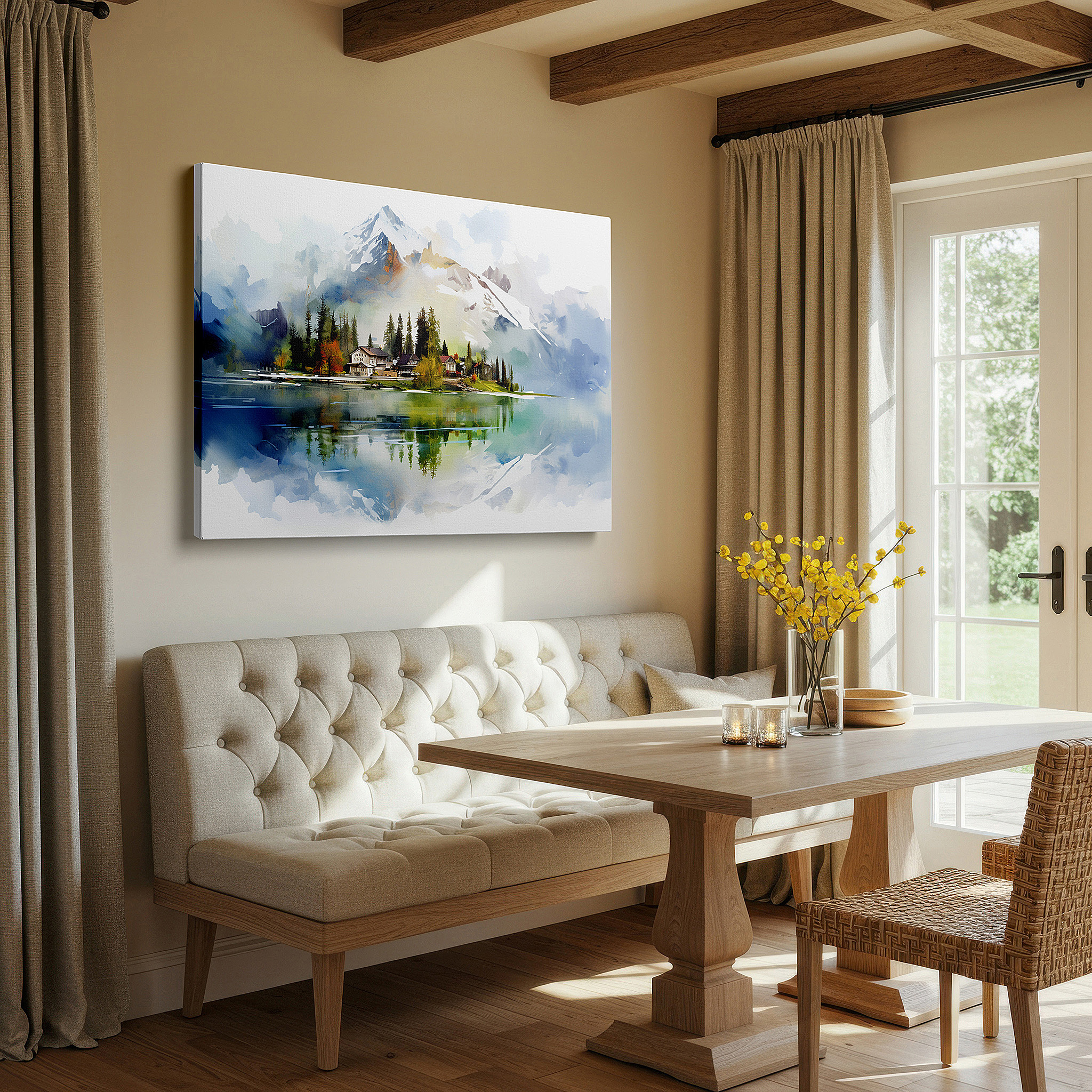 Installation made easy with a centered hook and clean wire mount — serene village by the lake - large canvas wall art depicting a tranquil natural reflection, perfect for office or bedroom decor