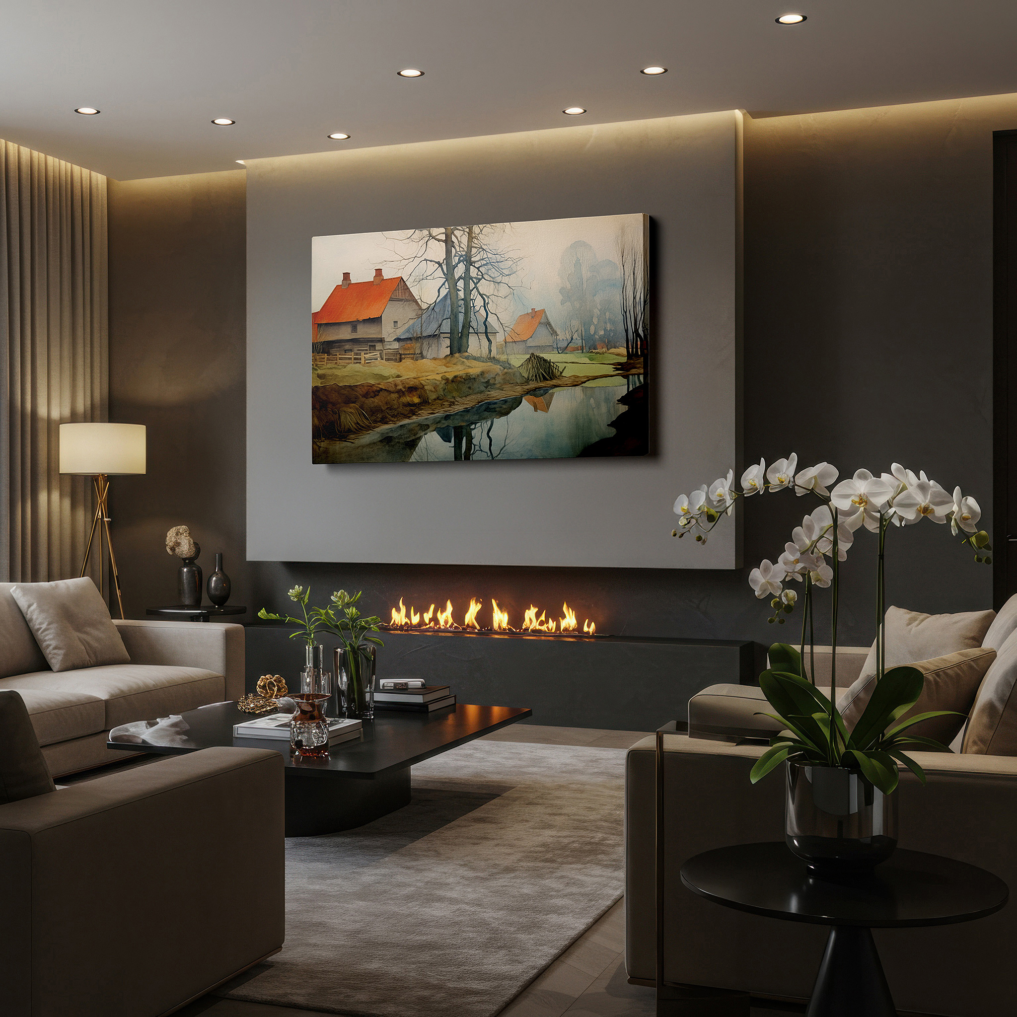 Installation made easy with a centered hook and clean wire mount — serene winter village canvas wall art featuring frost-coated trees and a mist-shrouded river, ideal for office and bedroom decor