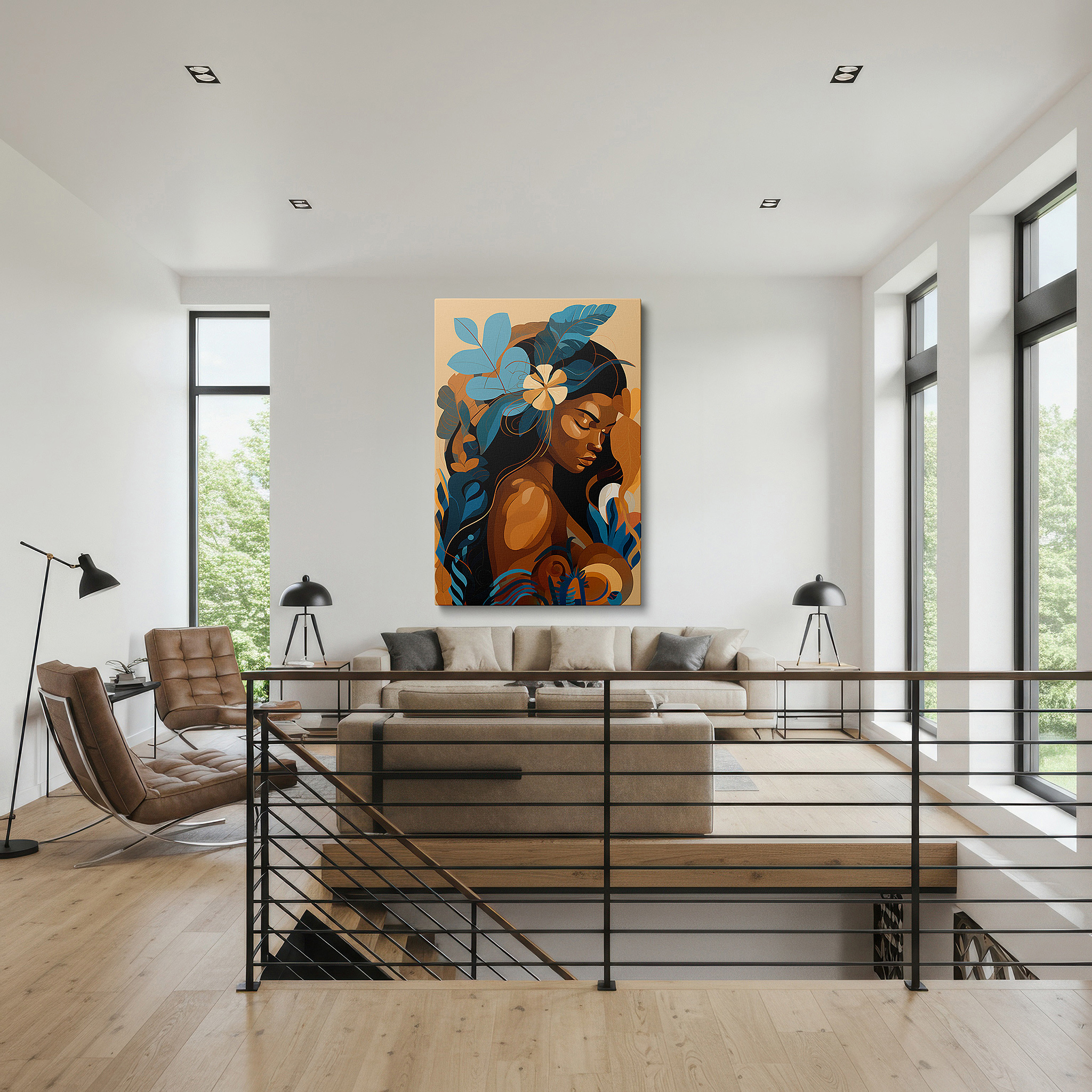 Installation made easy with a centered hook and clean wire mount — stylized portrait of a woman with vibrant floral accents celebrating femininity and nature, large canvas wall art decor
