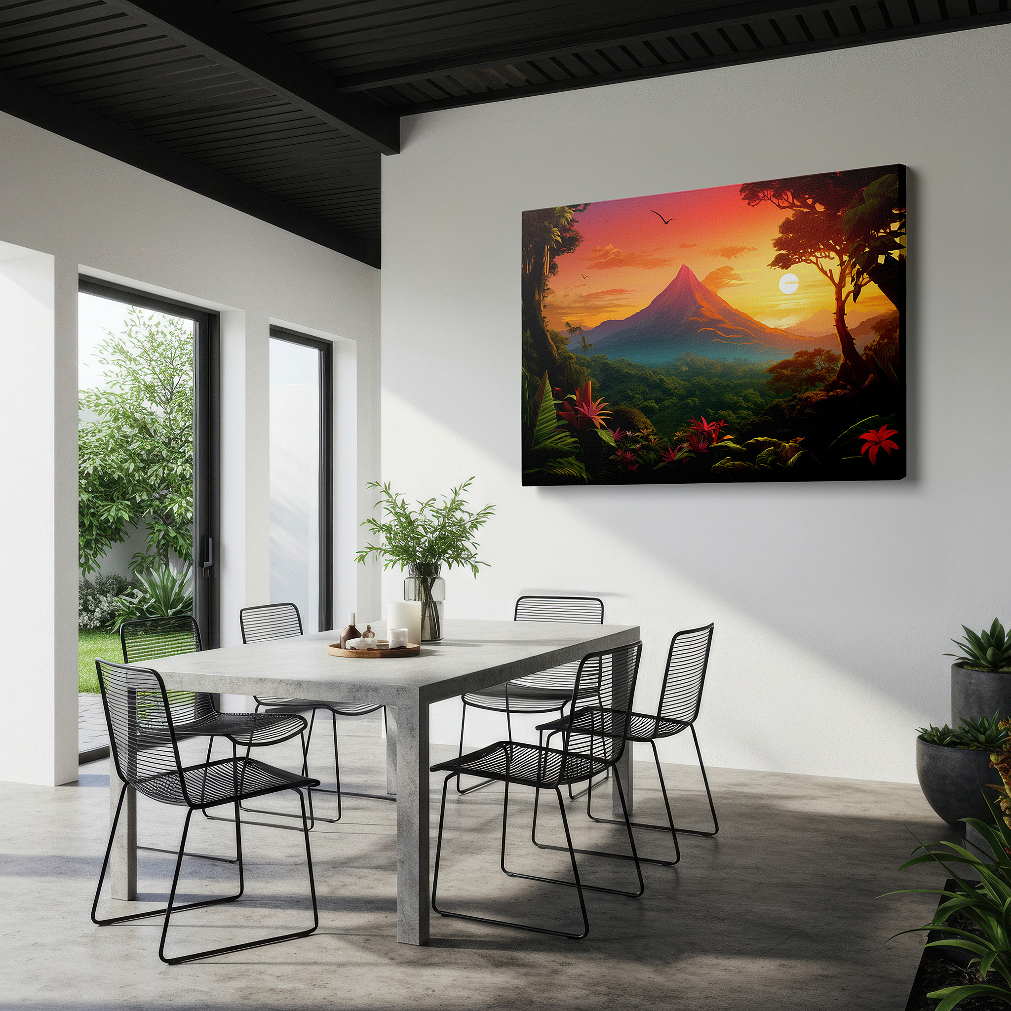 Installation made easy with a centered hook and clean wire mount — sunset over majestic mountain with tropical foliage - large canvas wall art for office, bedroom, and living room decor