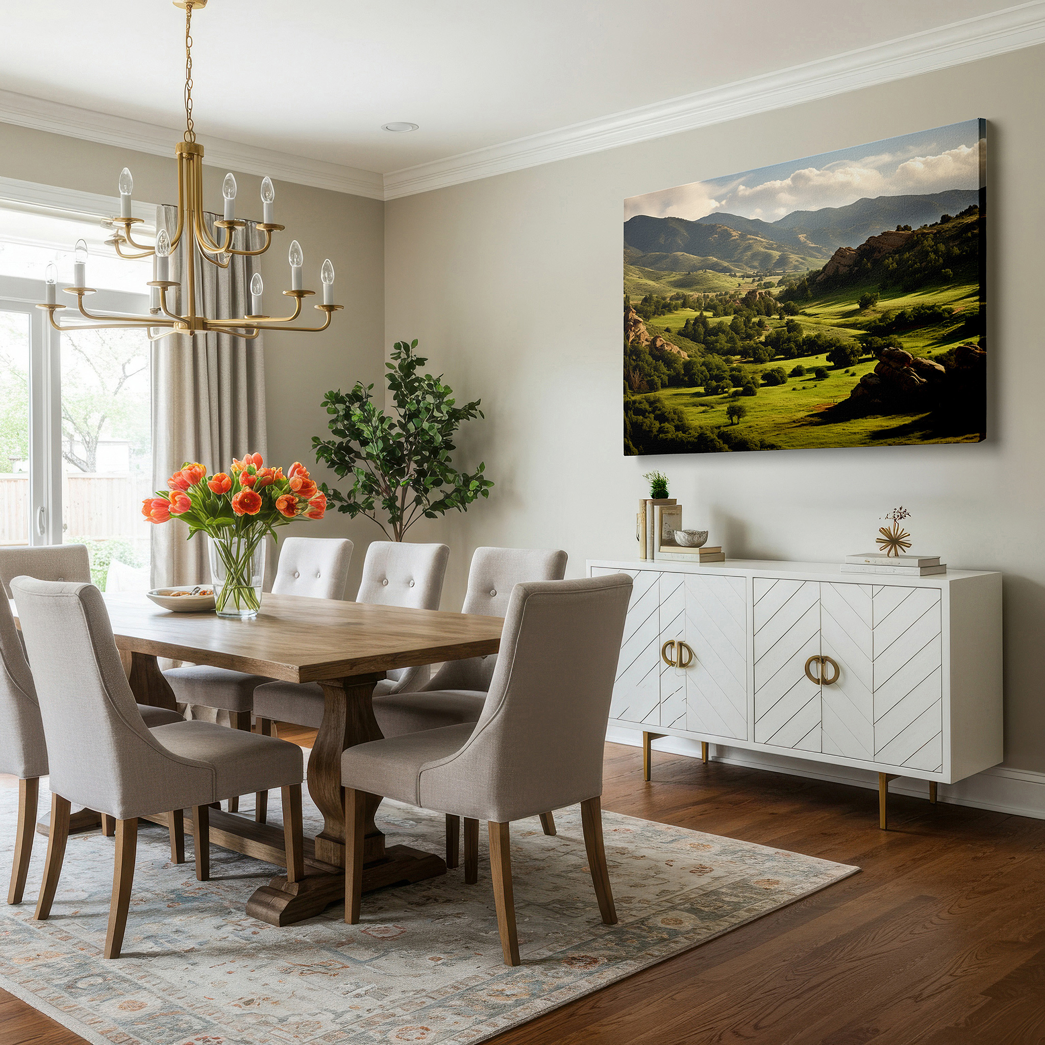 Installation made easy with a centered hook and clean wire mount — tranquil evening embrace: golden rays and verdant valleys with dramatic outcrops - large canvas wall art for office and bedroom decor