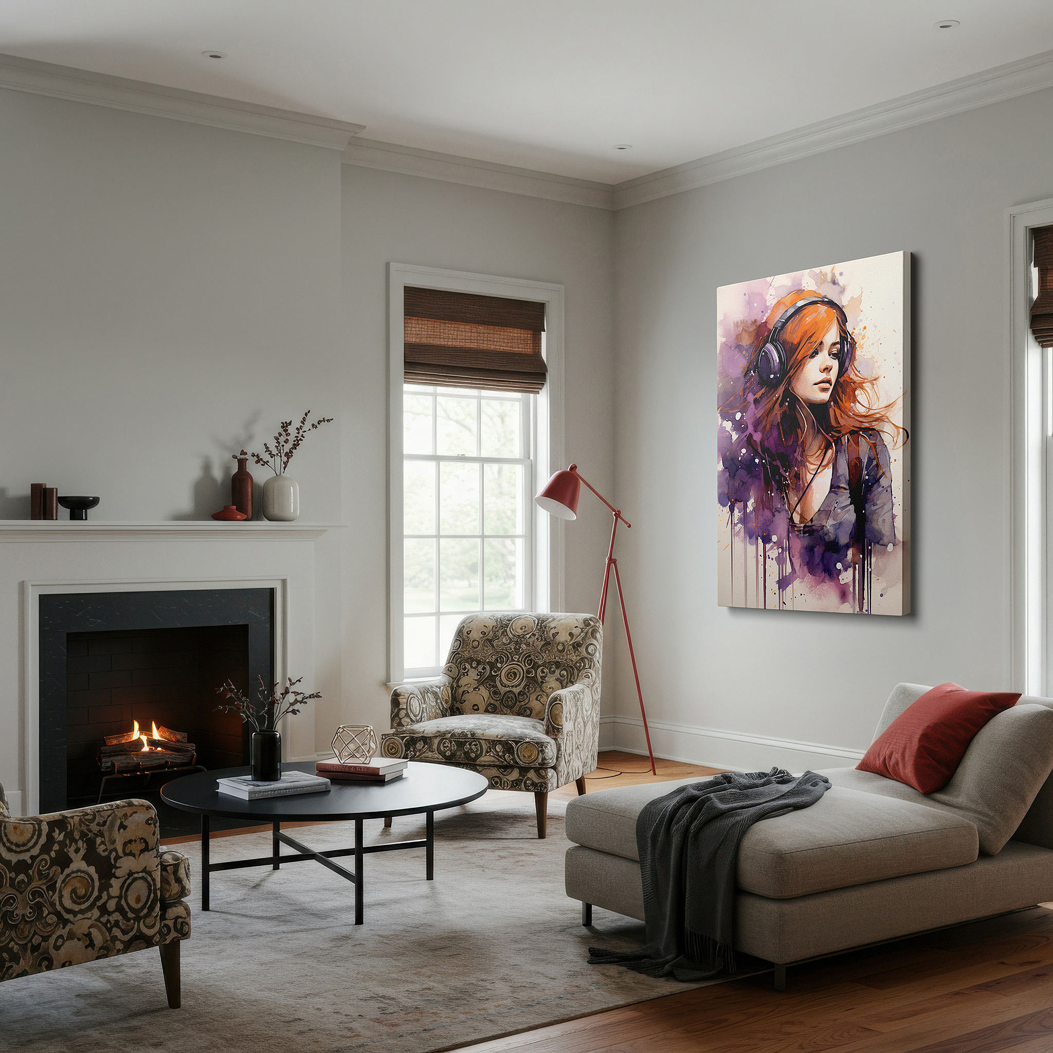 Installation made easy with a centered hook and clean wire mount — the tranquil harmony of a red-haired woman engulfed in music large wall art, canvas wall art, wall decor for office and bedroom