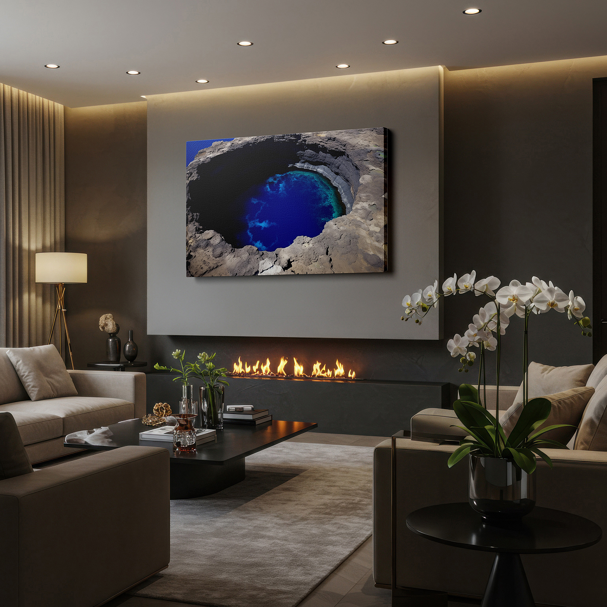 Installation made easy with a centered hook and clean wire mount — tranquil waters and ancient lava rocks - striking natural beauty large wall art, canvas wall art, wall decor for office