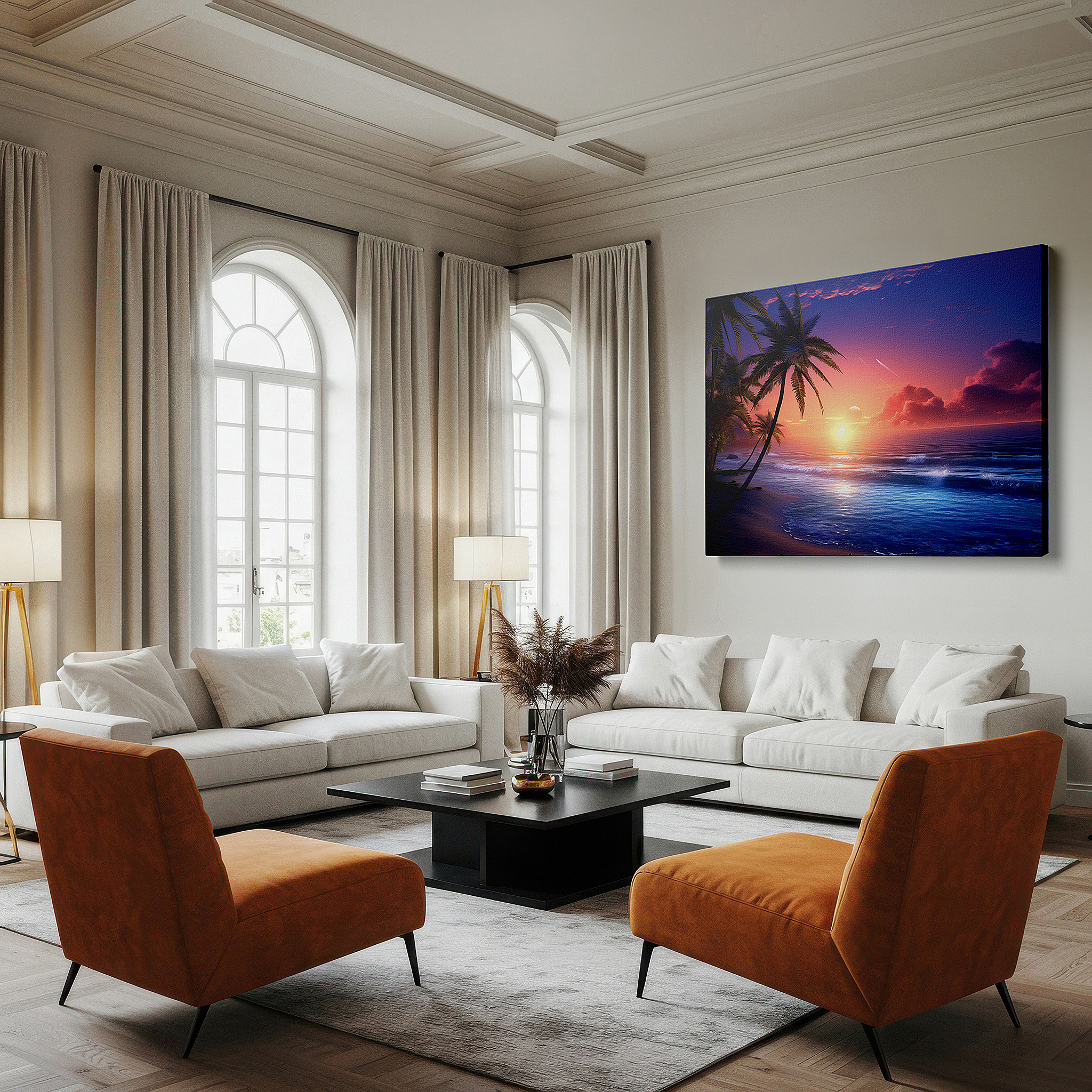 Installation made easy with a centered hook and clean wire mount — tropical sunset serenity: fiery skies and pristine beach - large canvas wall art for office, bedroom, and living room decor