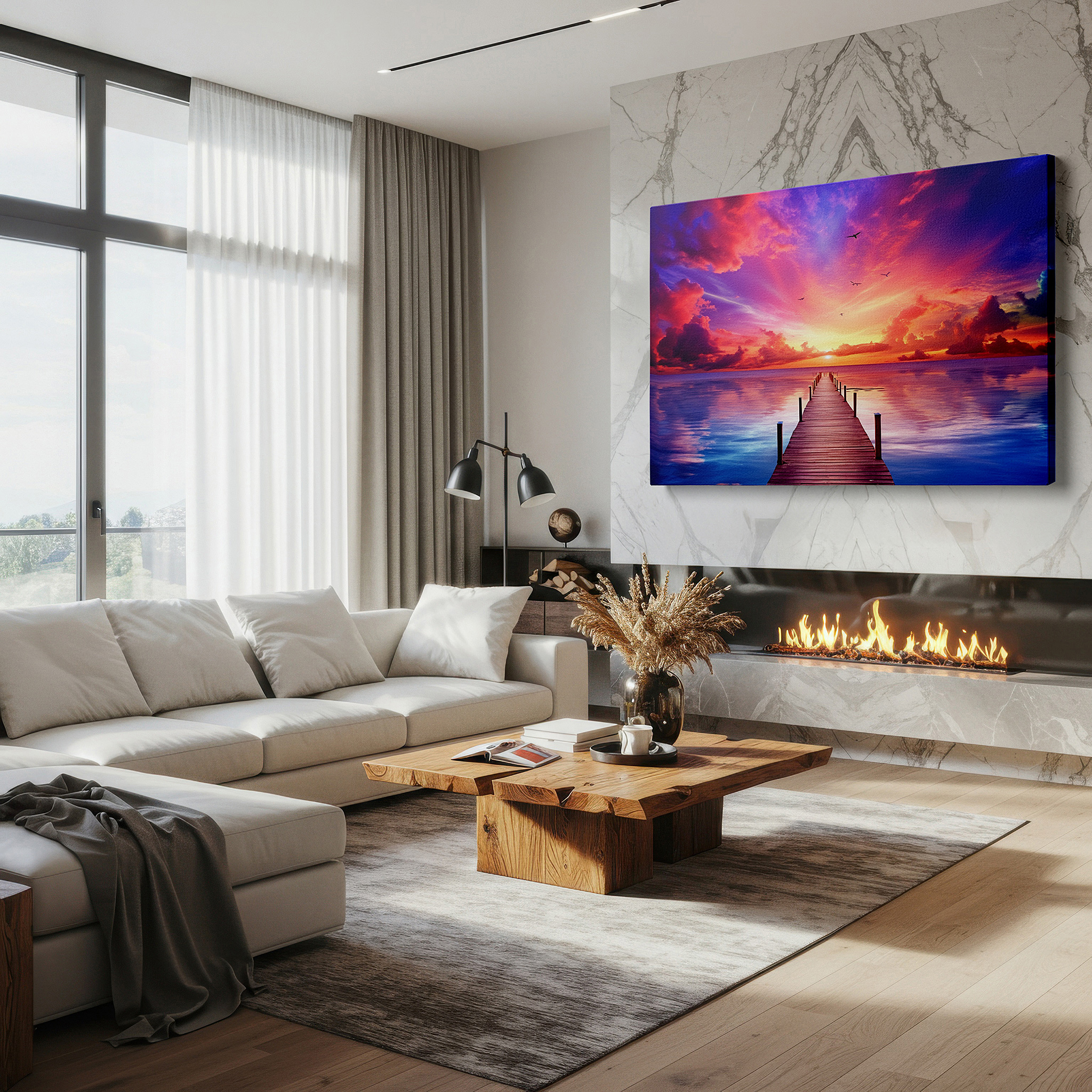 Installation made easy with a centered hook and clean wire mount — twilight serenity at the wooden pier: tranquil sea and sky large canvas wall art for office and bedroom decor