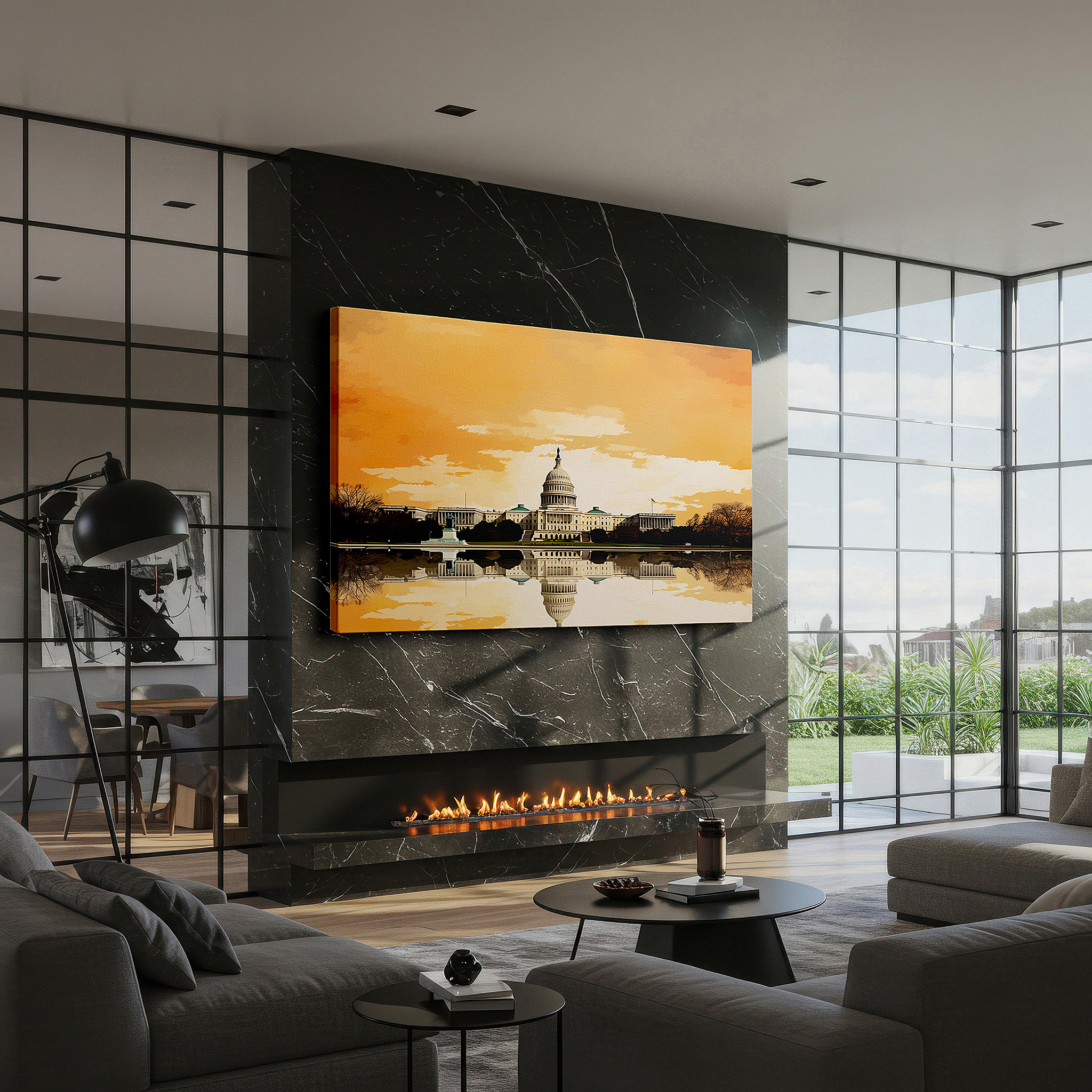 Installation made easy with a centered hook and clean wire mount — u.s. capitol at sunset: majestic reflections of democracy - tranquil waters large canvas wall art for office decor