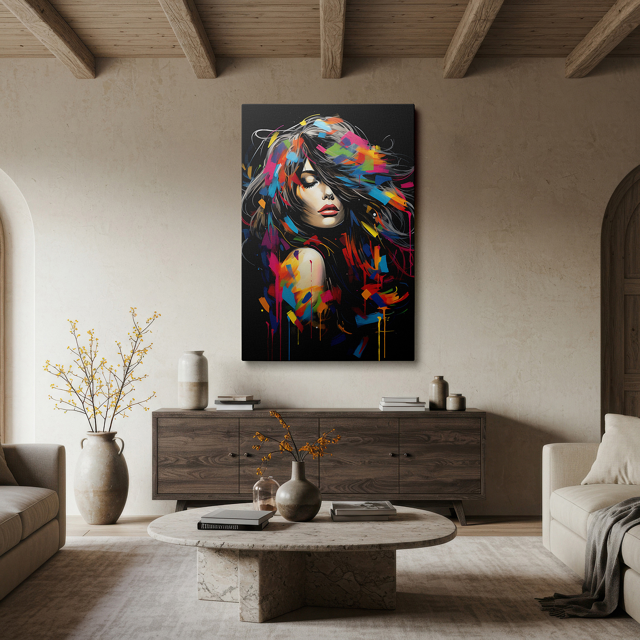 Installation made easy with a centered hook and clean wire mount — vibrant abstract female essence: emotion and creativity dance large canvas wall art for office and bedroom decor