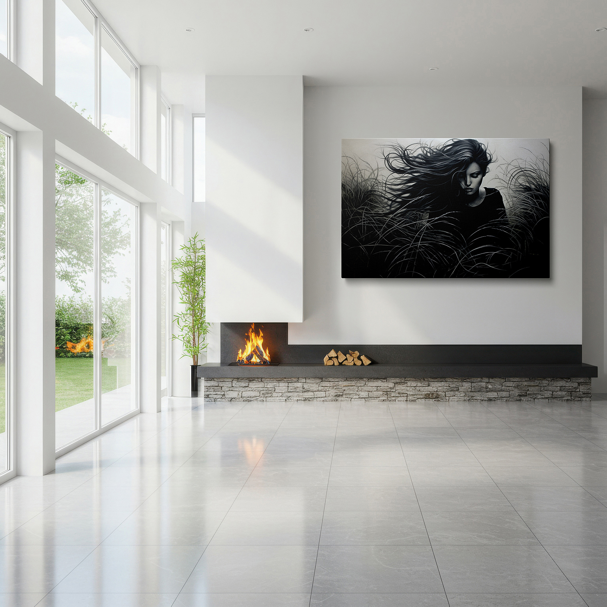 Installation made easy with a centered hook and clean wire mount — wall art: serene black and white image of a thoughtful woman in an expansive meadow - large canvas wall art for home and office decor, perfect for living room and bedroom