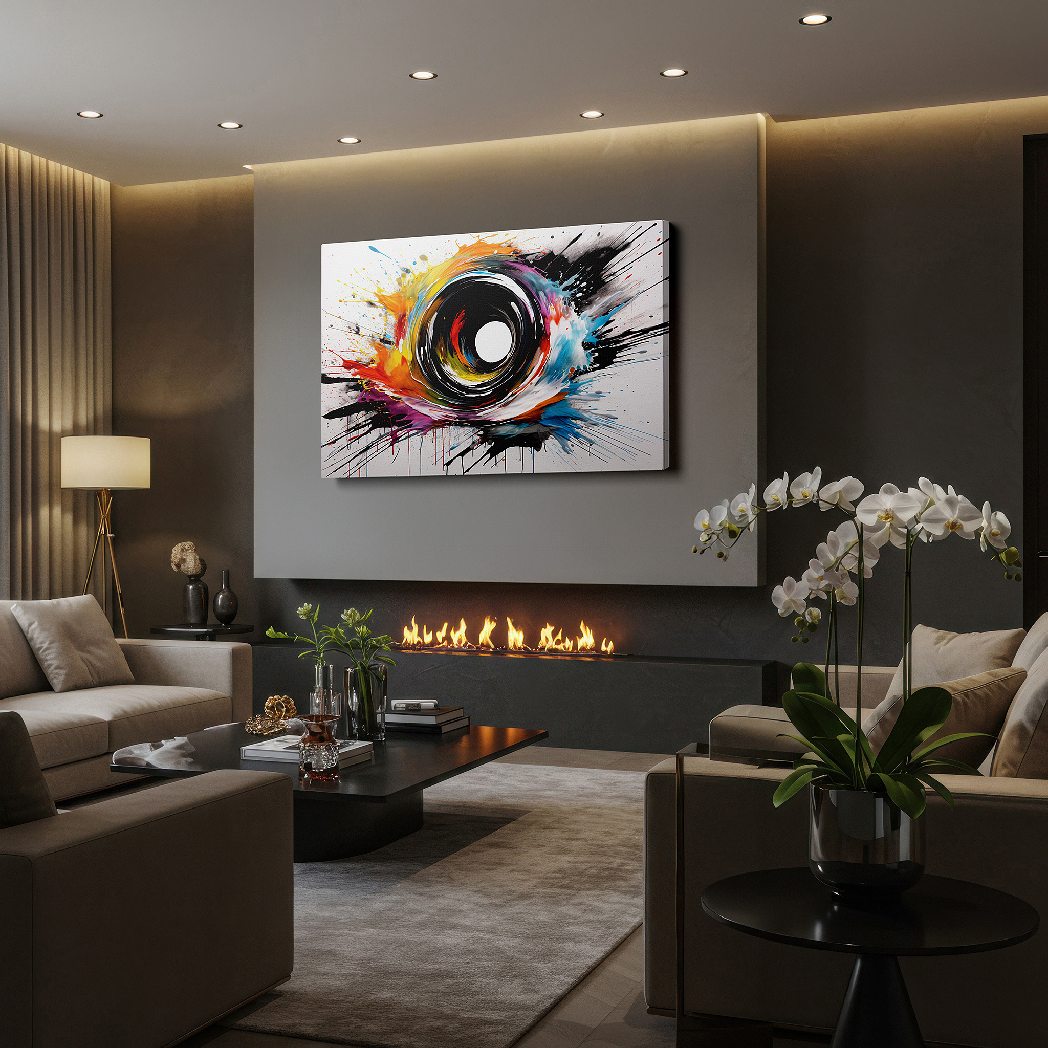 Installation made easy with a centered hook and clean wire mount — wall art: a striking spiral in fiery reds and cool blues, representing creativity and transformation - large canvas wall art for home and office decor