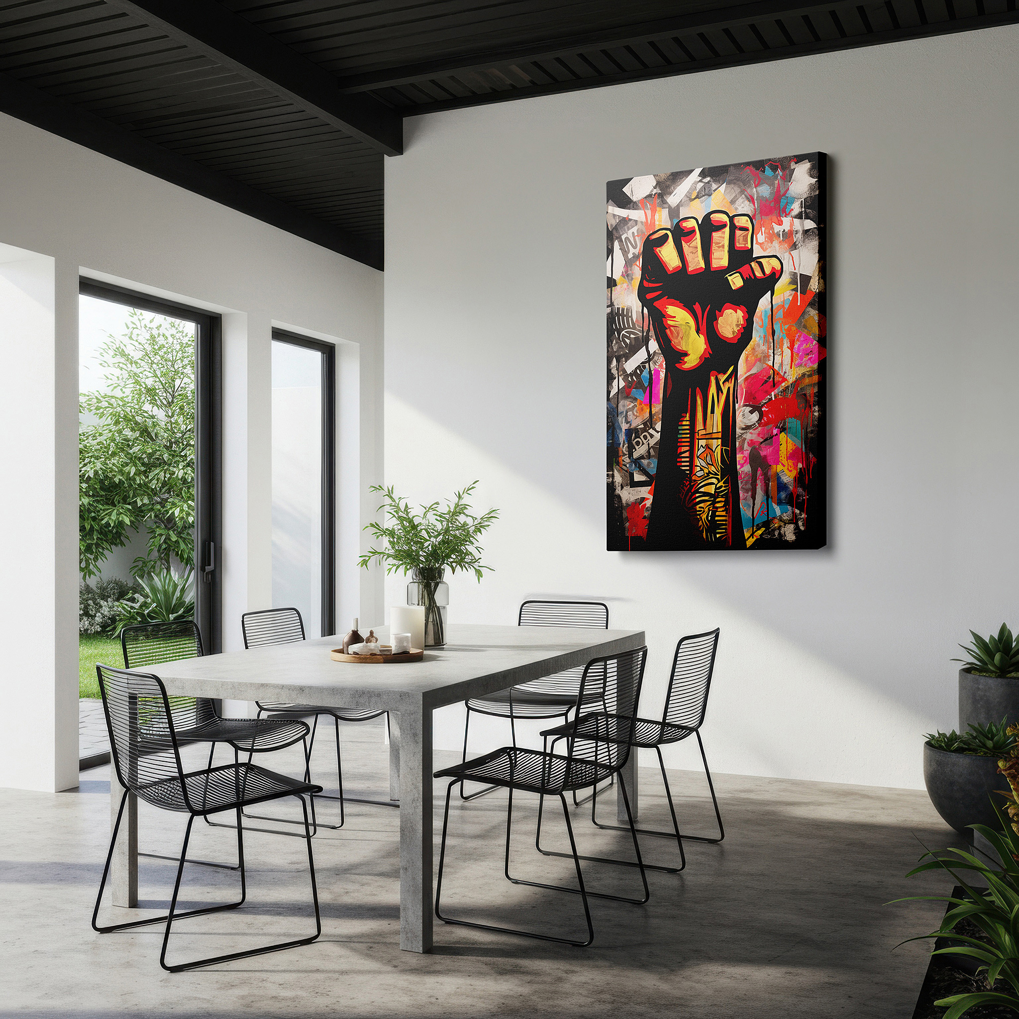 Installation made easy with a centered hook and clean wire mount — wall art: a symbol of defiance and empowerment with a raised fist surrounded by urban graffiti - large canvas wall art for home and office decor, perfect for living room and bedroom