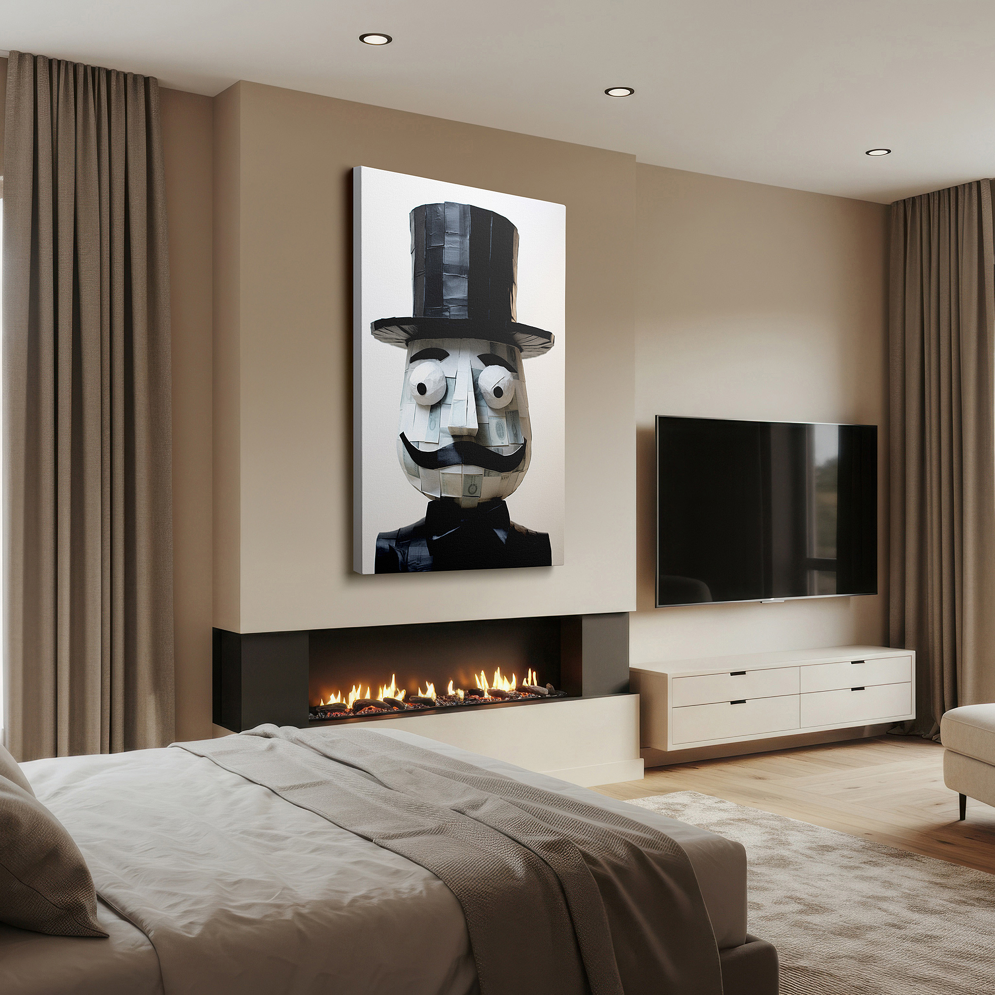 Installation made easy with a centered hook and clean wire mount — whimsical figure with top hat and bow tie: a joyful centerpiece for creative spaces - large canvas wall art for office decor