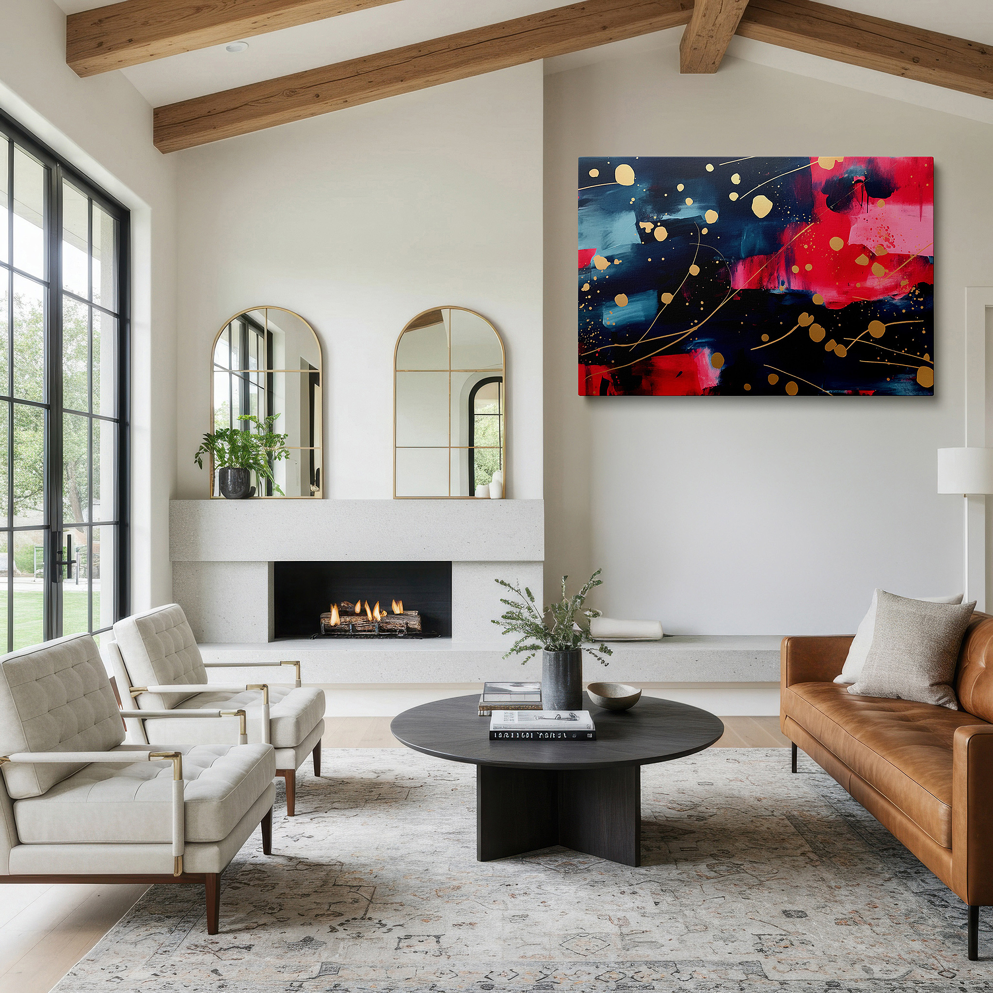 Lighting brings out layered depth in the print’s surface grain — abstract elegance featuring deep blues, vibrant reds, and luxurious gold accents - large canvas wall art for office and bedroom decor