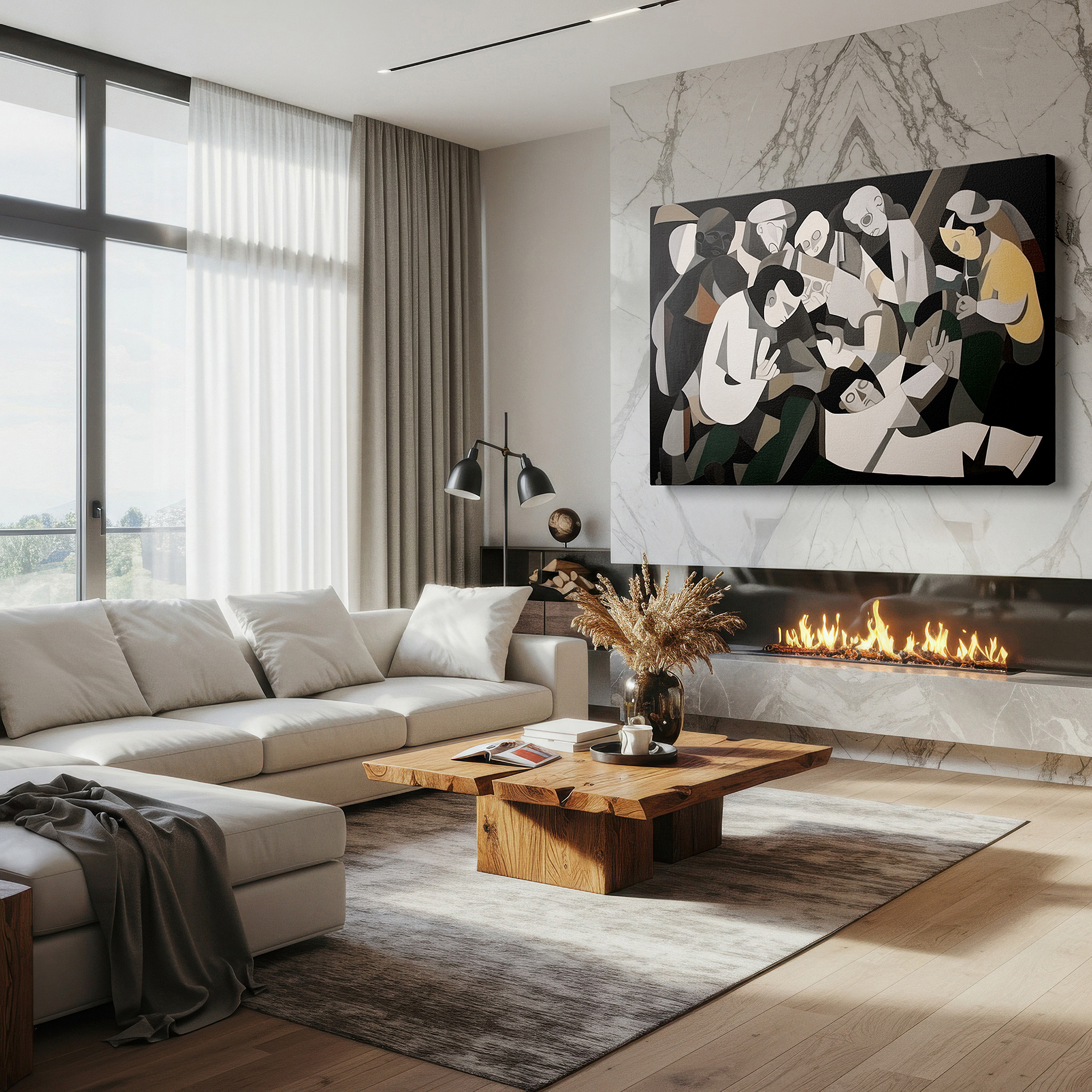 Lighting brings out layered depth in the print’s surface grain — abstract exploration of human connections in a vivid, fragmented style: large wall art, canvas wall art, wall decor for offices and bedrooms