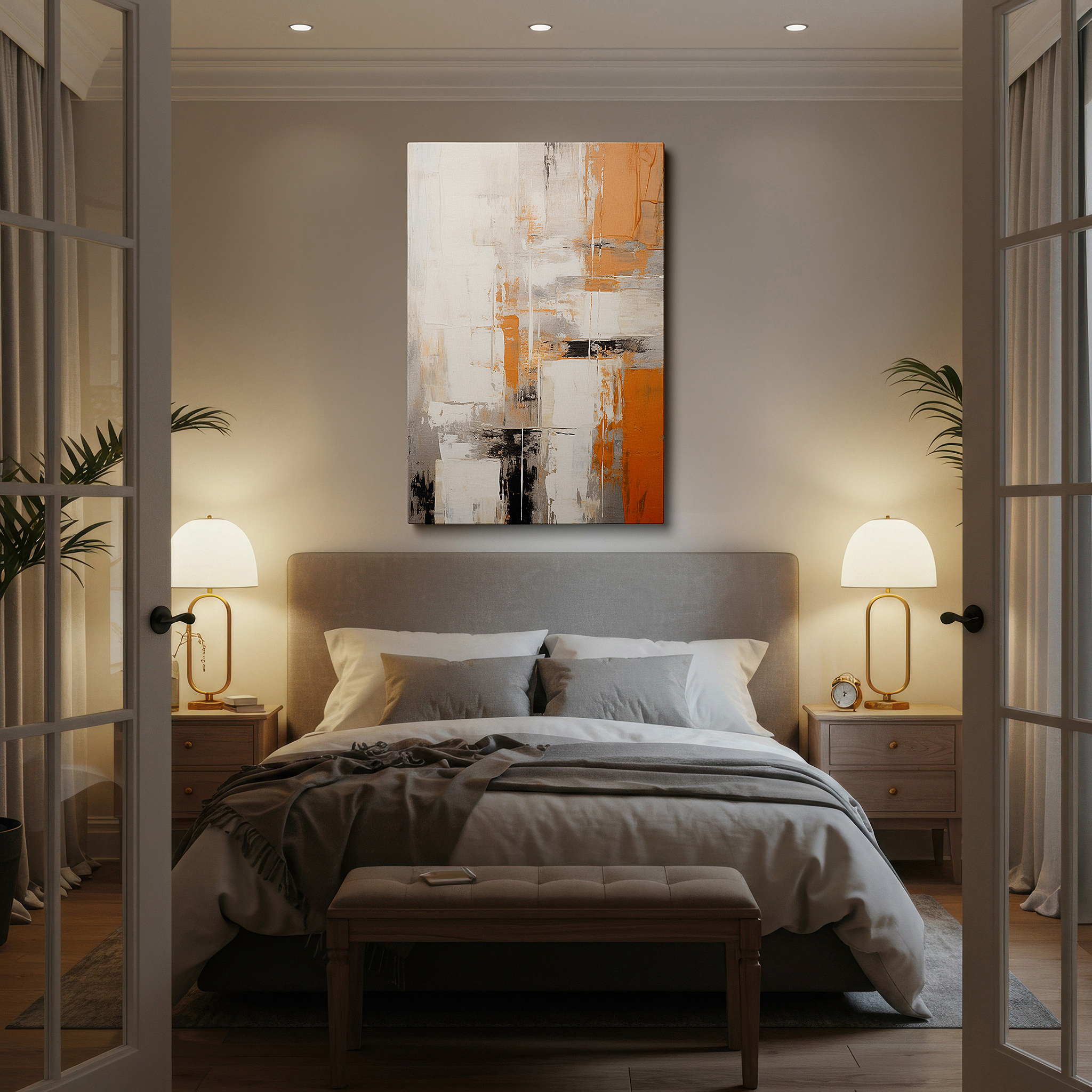 Lighting brings out layered depth in the print’s surface grain — abstract expressionism large wall art featuring a symphony of white, orange, black, and silver, canvas wall art, wall art decor, office wall art