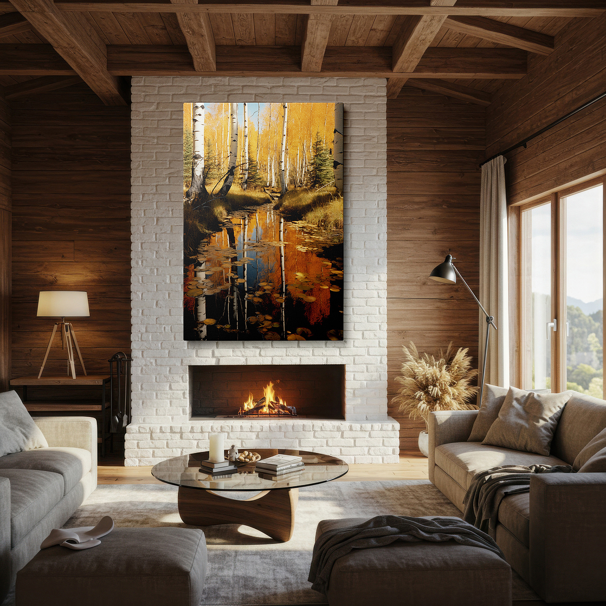 Lighting brings out layered depth in the print’s surface grain — autumn aspen reflections on a tranquil forest pond - large canvas wall art for office, bedroom, and living room decor