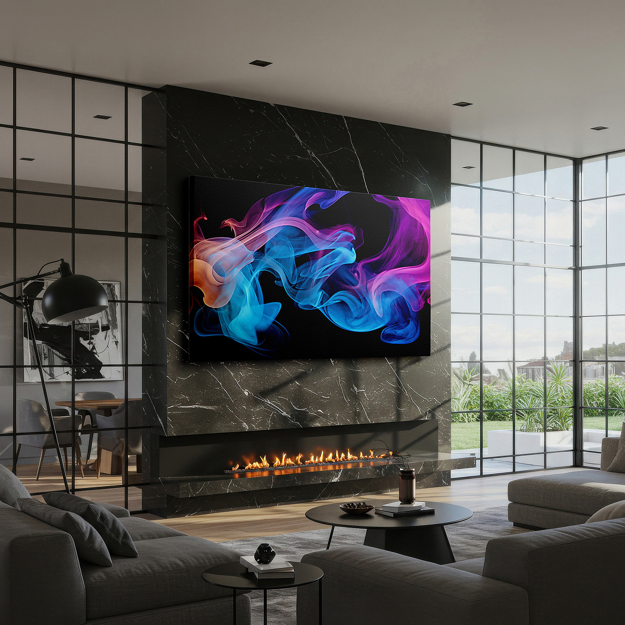 Lighting brings out layered depth in the print’s surface grain — blue, pink, and orange dynamic swirls and smoke-like shapes dancing wall art, large canvas for office decor