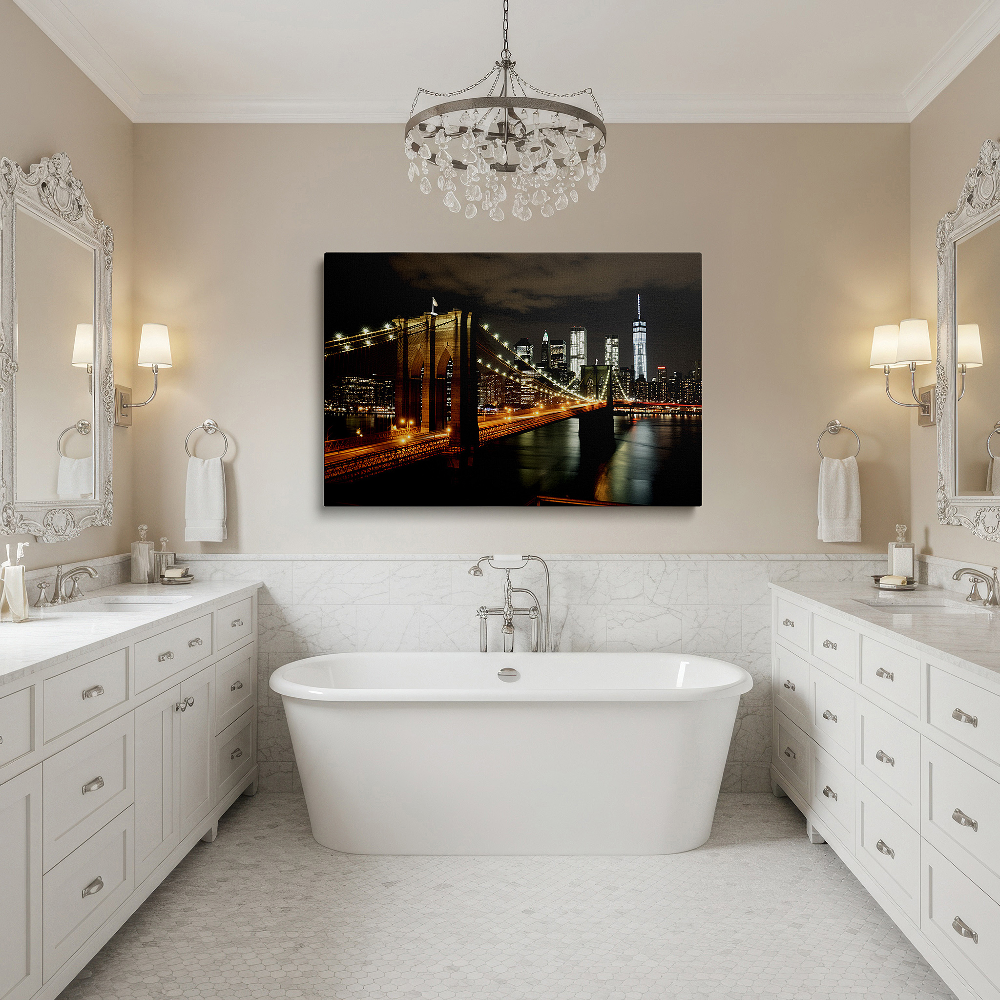 Lighting brings out layered depth in the print’s surface grain — brooklyn bridge at night: golden lights elegance - large canvas wall art for office, bedroom, and living room decor