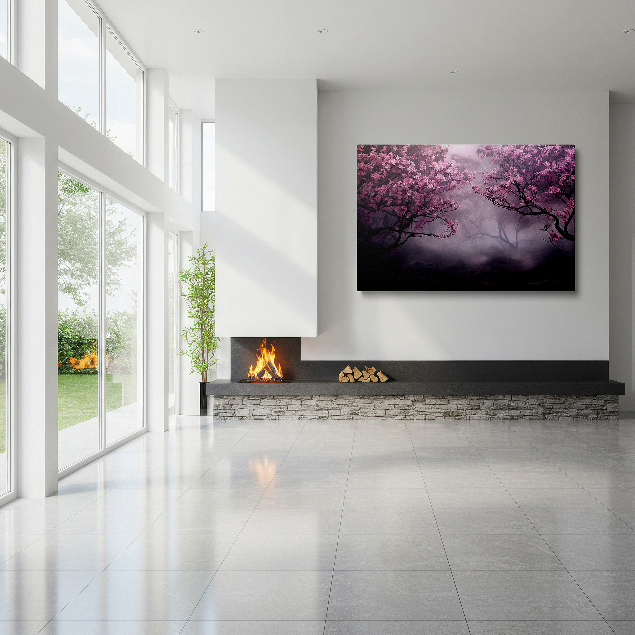 Lighting brings out layered depth in the print’s surface grain — cherry blossoms in mist: dreamlike large wall art, canvas decor for office