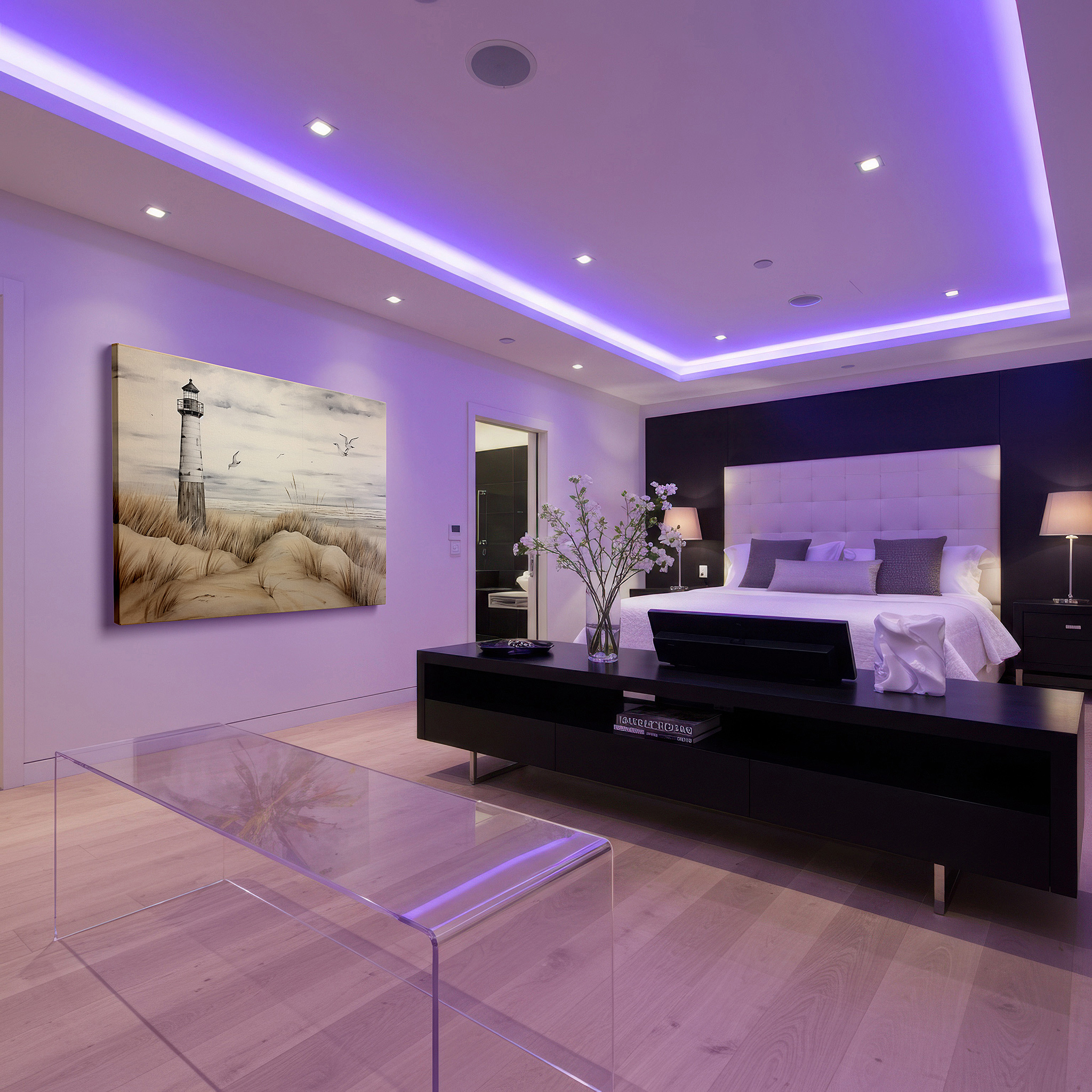 Lighting brings out layered depth in the print’s surface grain — coastal serenity: lighthouse, sandy dunes, and soft waves - large canvas wall art for home and office decor