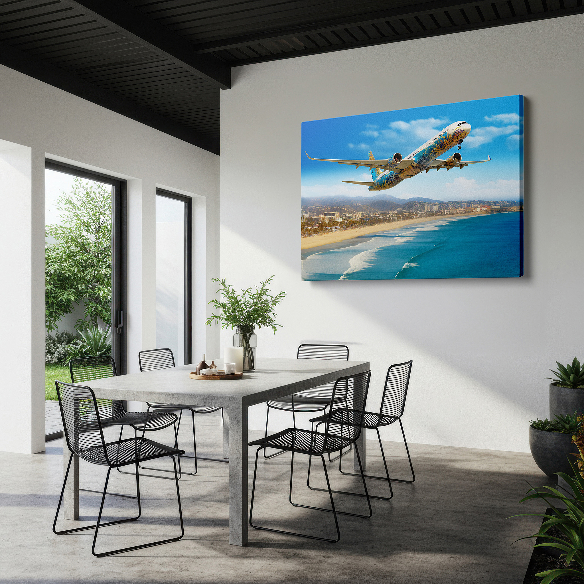 Lighting brings out layered depth in the print’s surface grain — coastal vista with soaring airplane canvas: inspiring adventure and serenity for office and bedroom wall decor