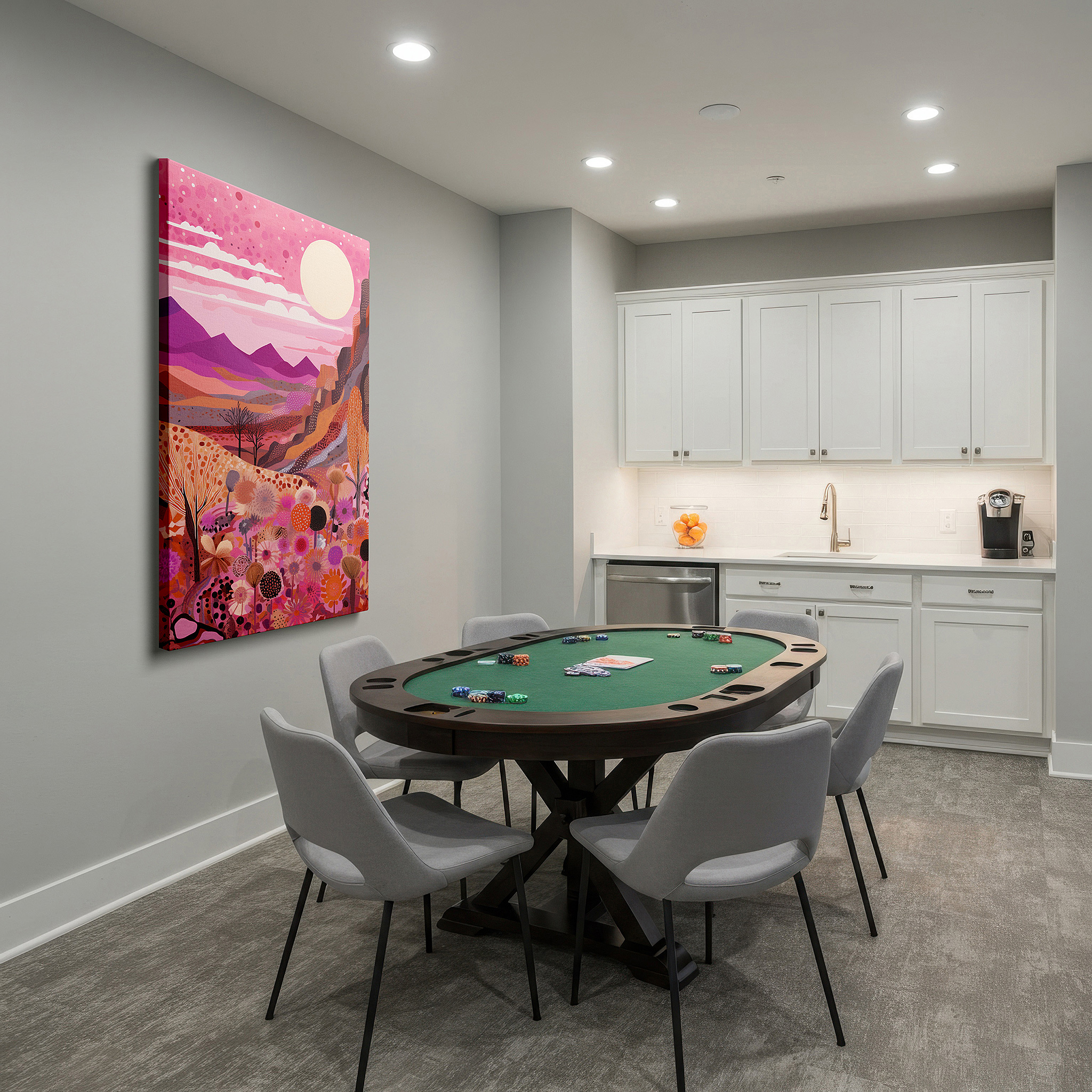 Lighting brings out layered depth in the print’s surface grain — desert sunset: a vibrant fusion of realism and fantasy - large canvas wall art for office and bedroom decor