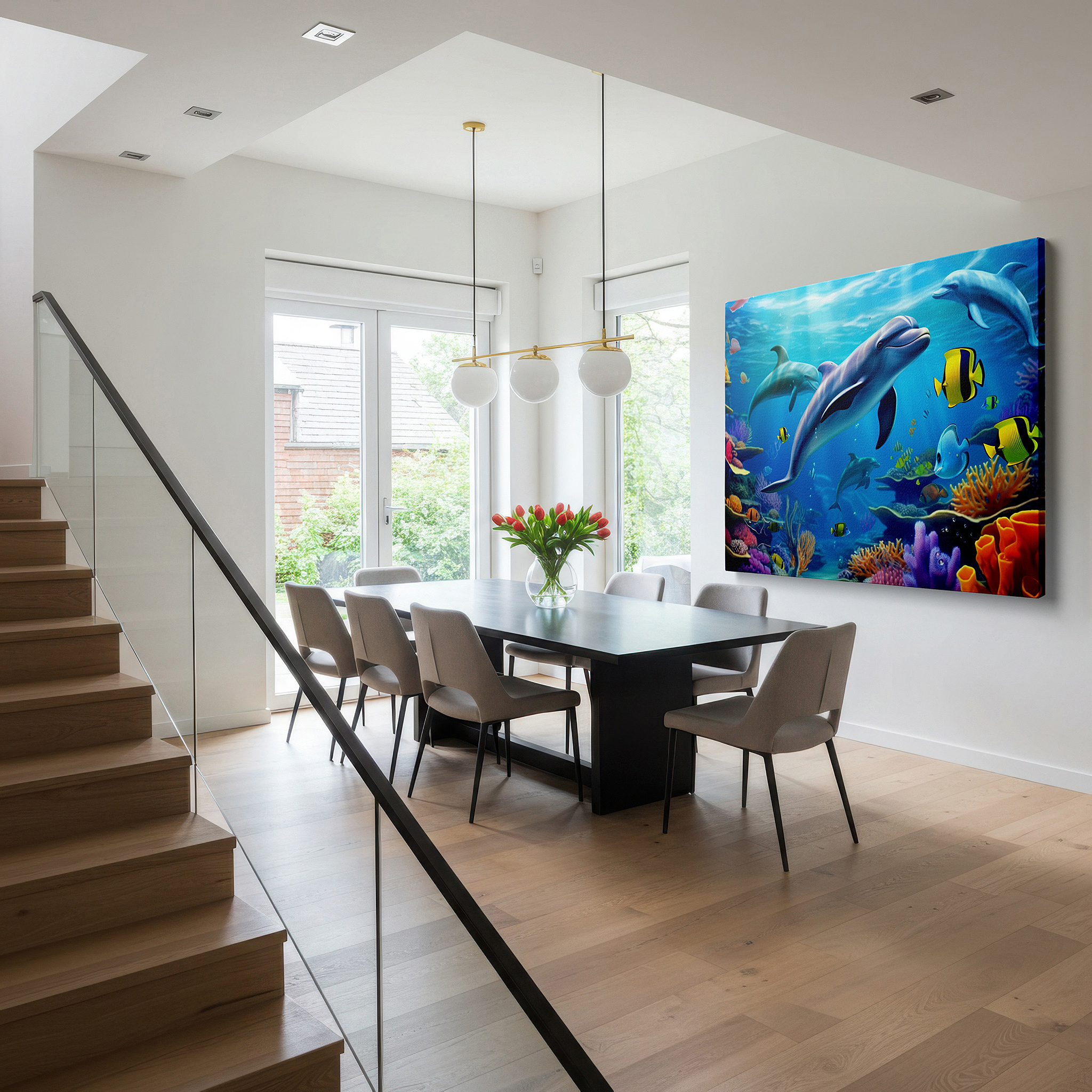 Lighting brings out layered depth in the print’s surface grain — dolphin and coral reef wall art - tranquil underwater symphony - large canvas for home and office decor