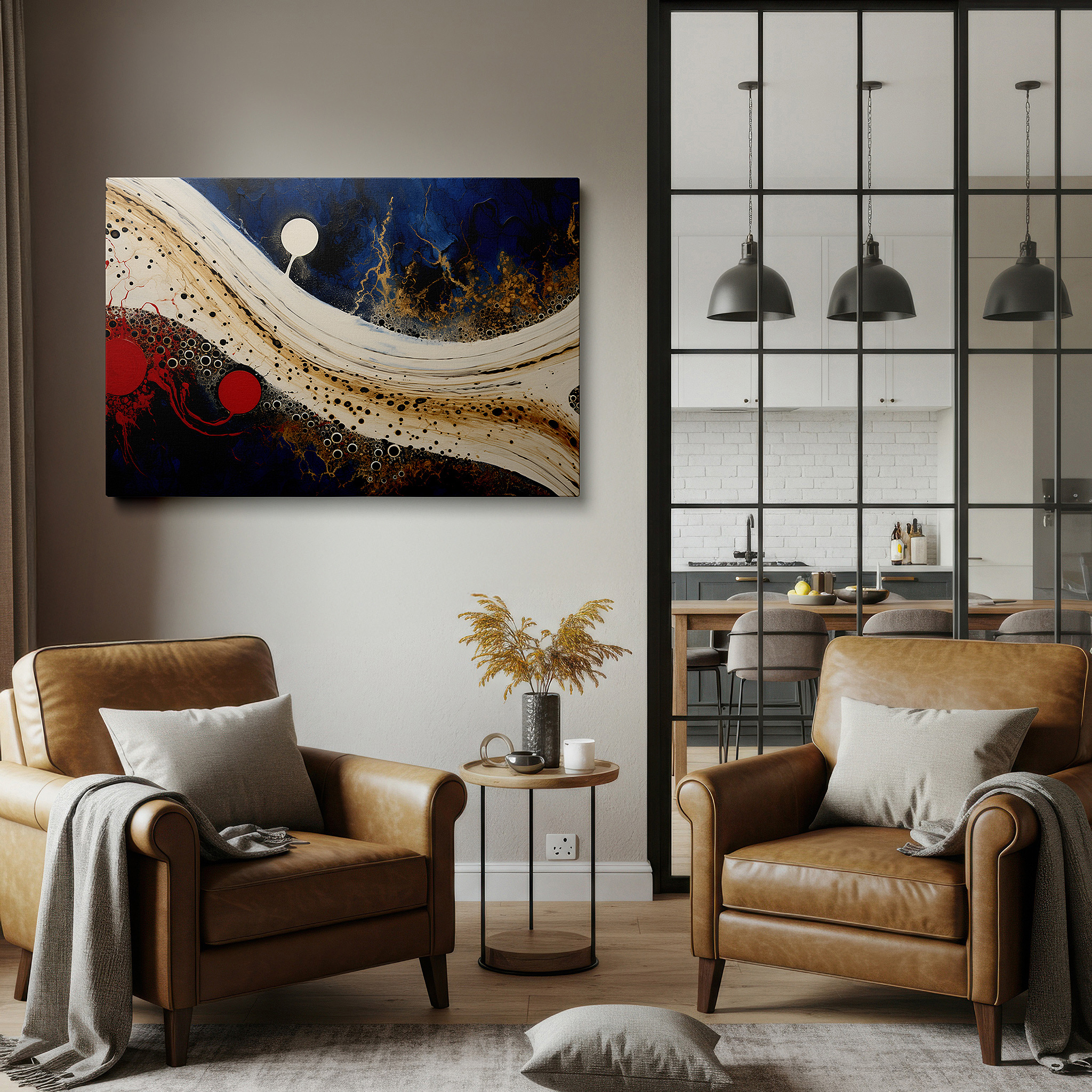 Lighting brings out layered depth in the print’s surface grain — dynamic abstract exploration of the human psyche in red, black, and blue: large canvas wall art for office and bedroom decor