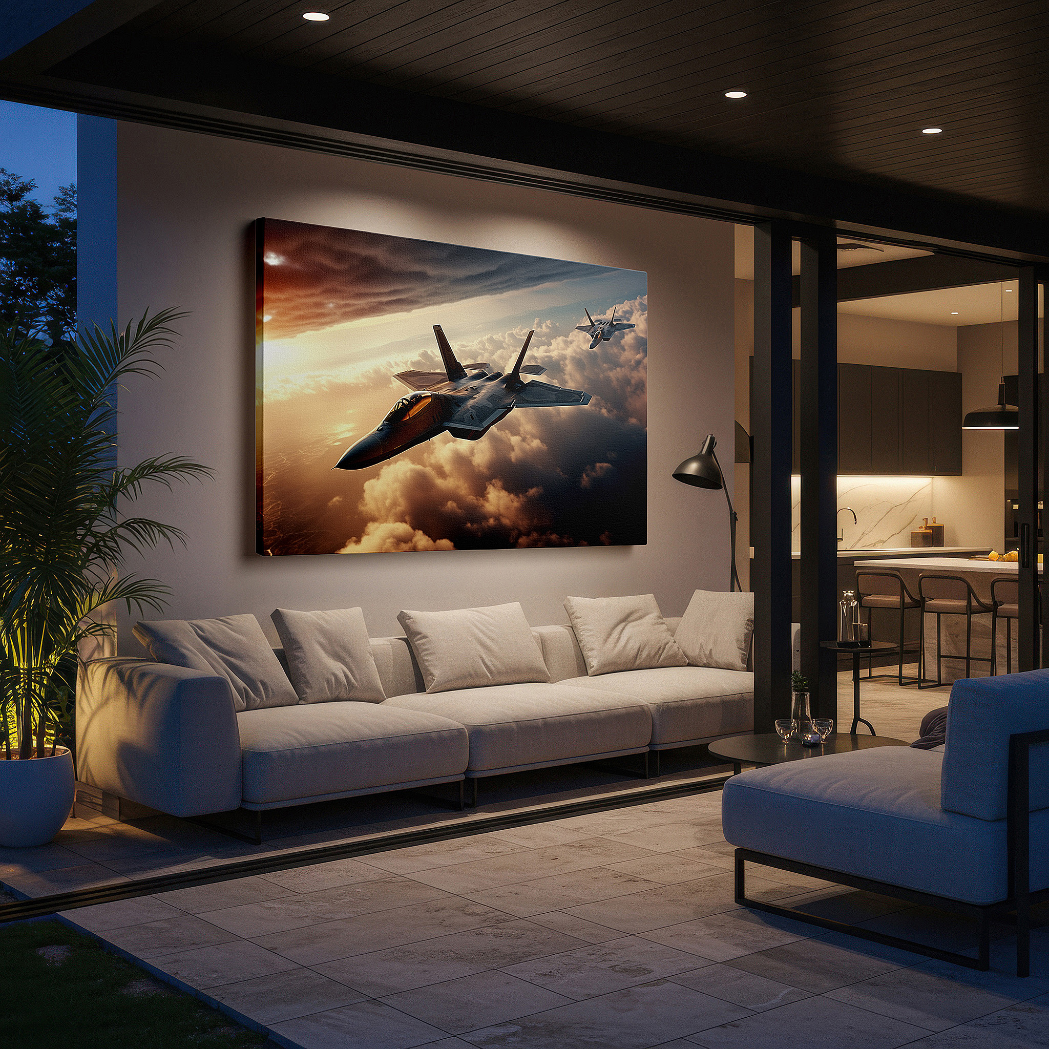 Lighting brings out layered depth in the print’s surface grain — dynamic aviation mastery canvas art featuring jets against a sunset sky - ideal for office, bedroom, and living room decor