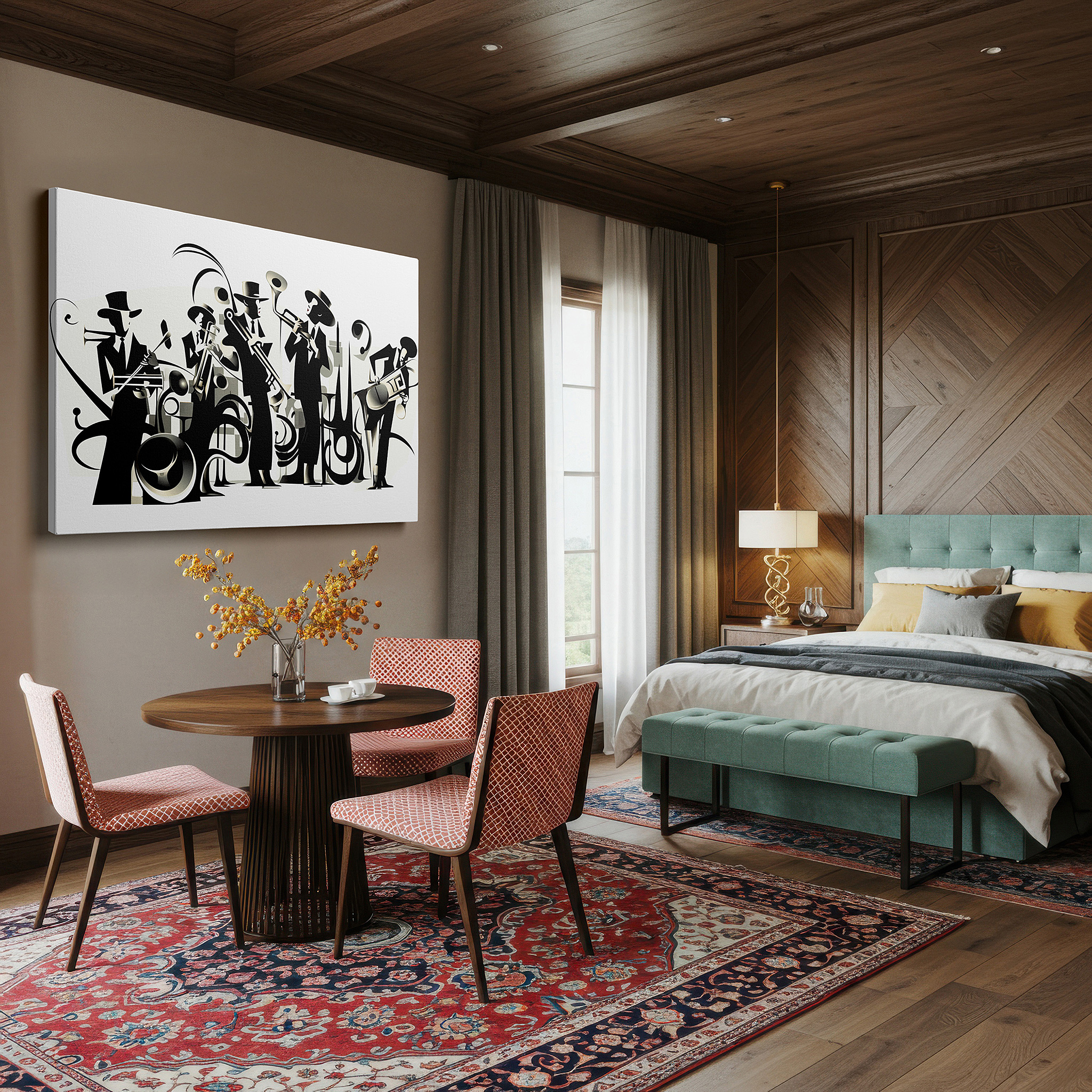 Lighting brings out layered depth in the print’s surface grain — dynamic jazz band canvas art: live music essence in vibrant colors and abstract design, perfect for large wall spaces