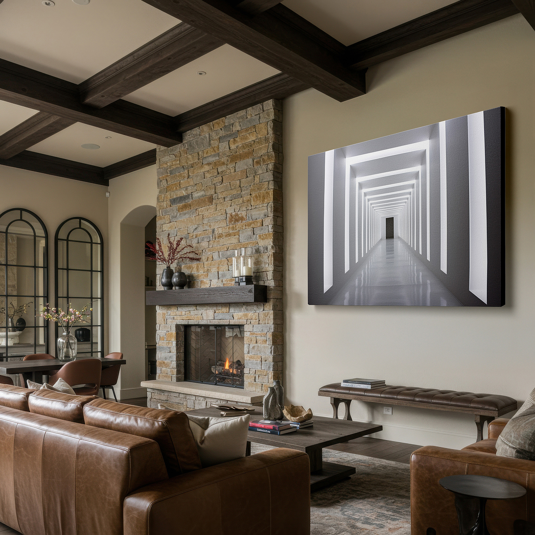 Lighting brings out layered depth in the print’s surface grain — elegant abstract art in modern corridor featuring soft pastels and silver highlights, large canvas wall art, wall decor for office