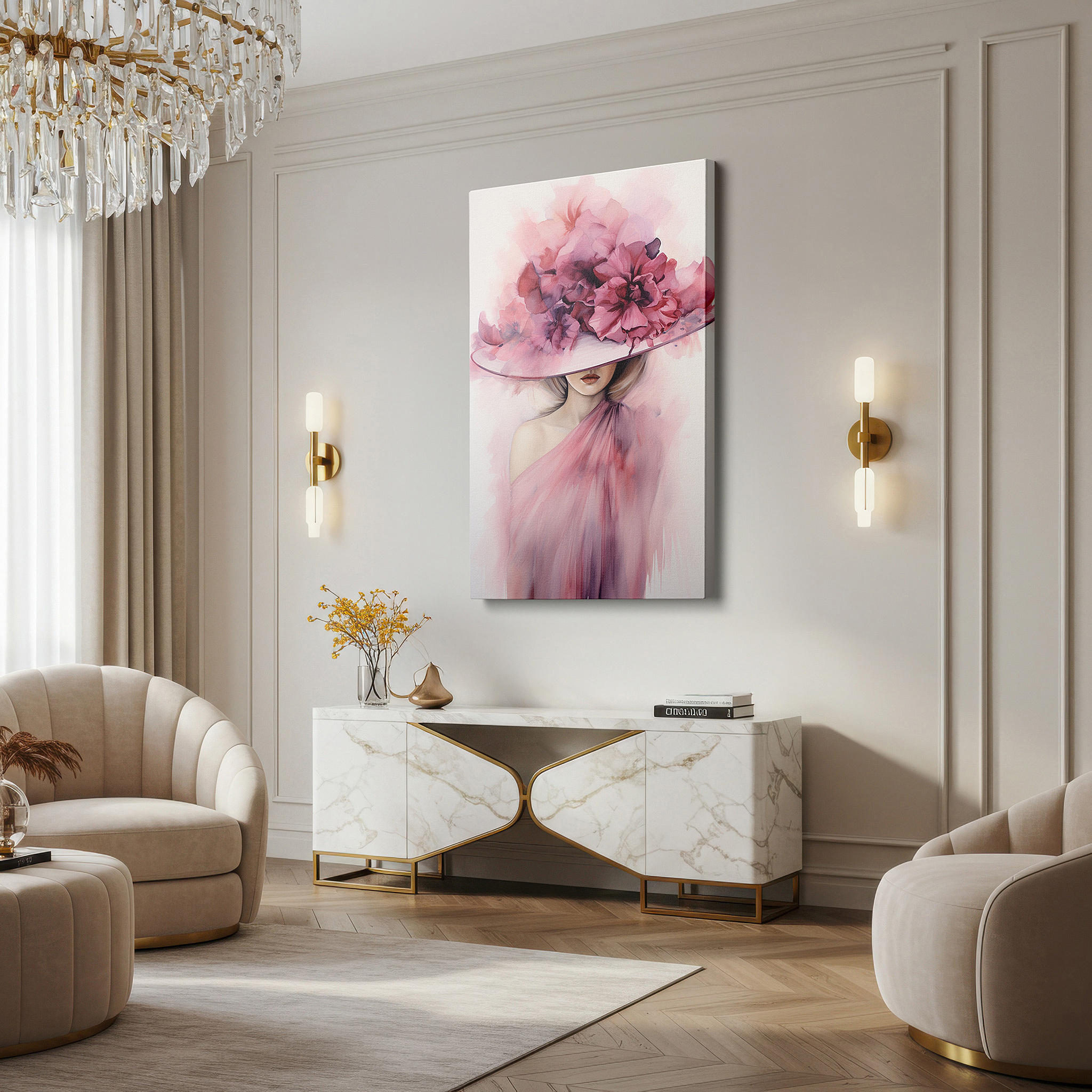 Lighting brings out layered depth in the print’s surface grain — elegant floral hat canvas wall art: perfect for office, bedroom, and living room decor