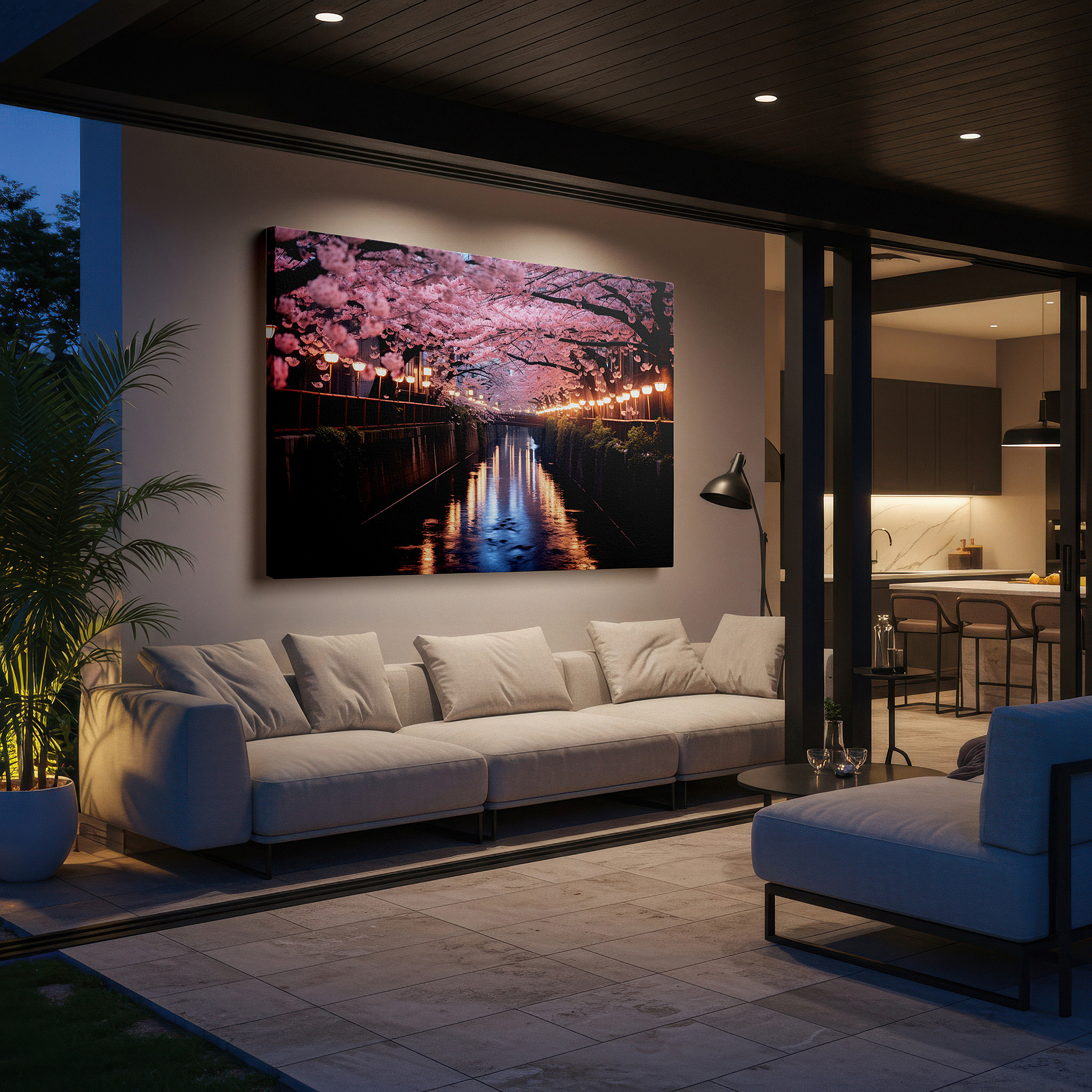 Lighting brings out layered depth in the print’s surface grain — enchanted sakura pathway with lanterns - tranquil and romantic spring scene large wall art, canvas wall art, wall decor for office and bedroom