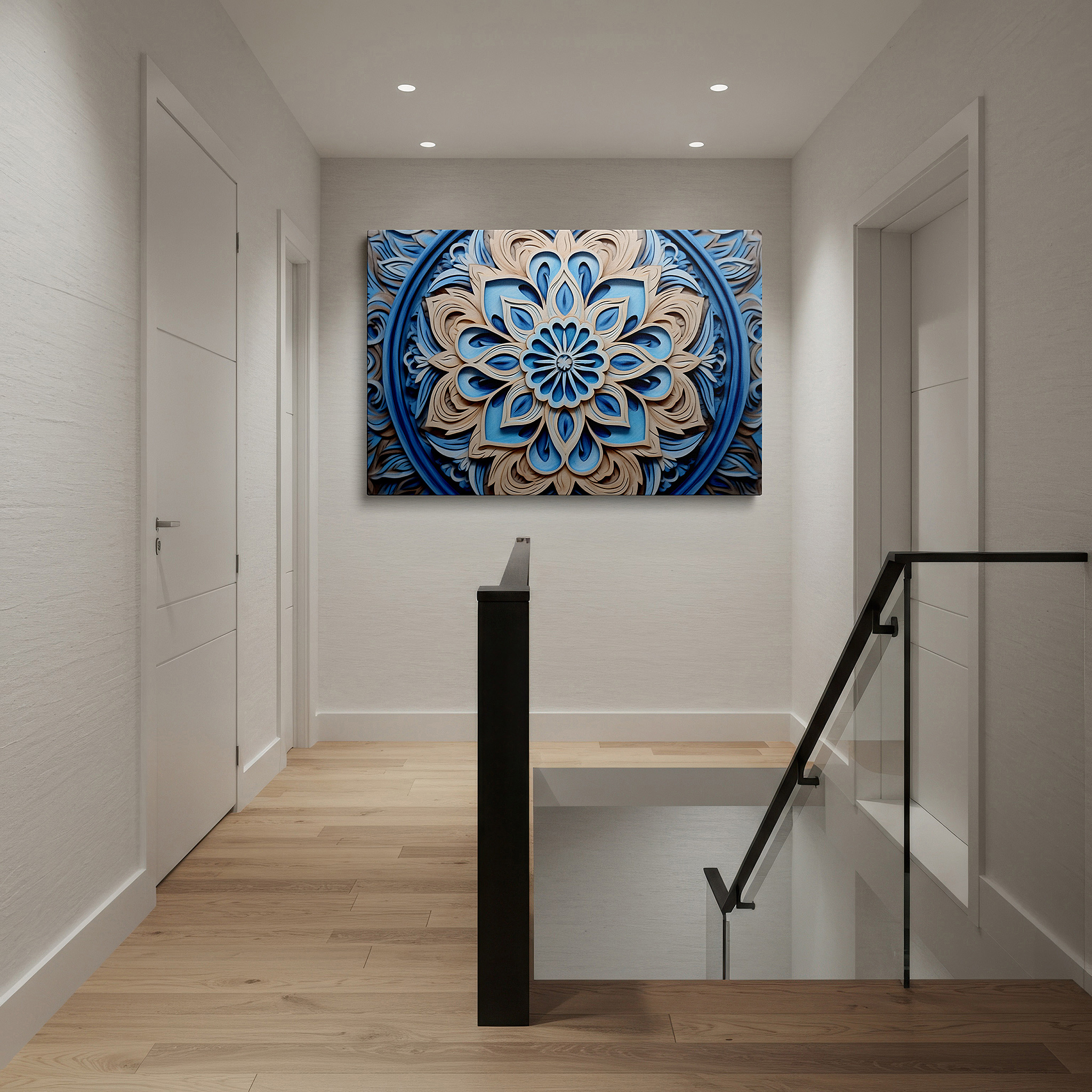 Lighting brings out layered depth in the print’s surface grain — enchanting floral wood carving wall art in soft blues and gentle beige tones - large canvas wall art for office and bedroom decor