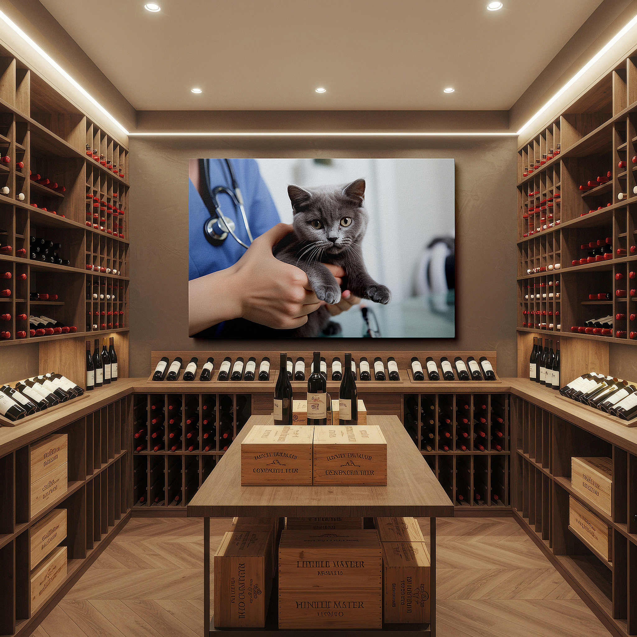 Lighting brings out layered depth in the print’s surface grain — gentle care moments - a veterinarian's soft embrace with a gray kitten wall art, large canvas decor for office and bedroom