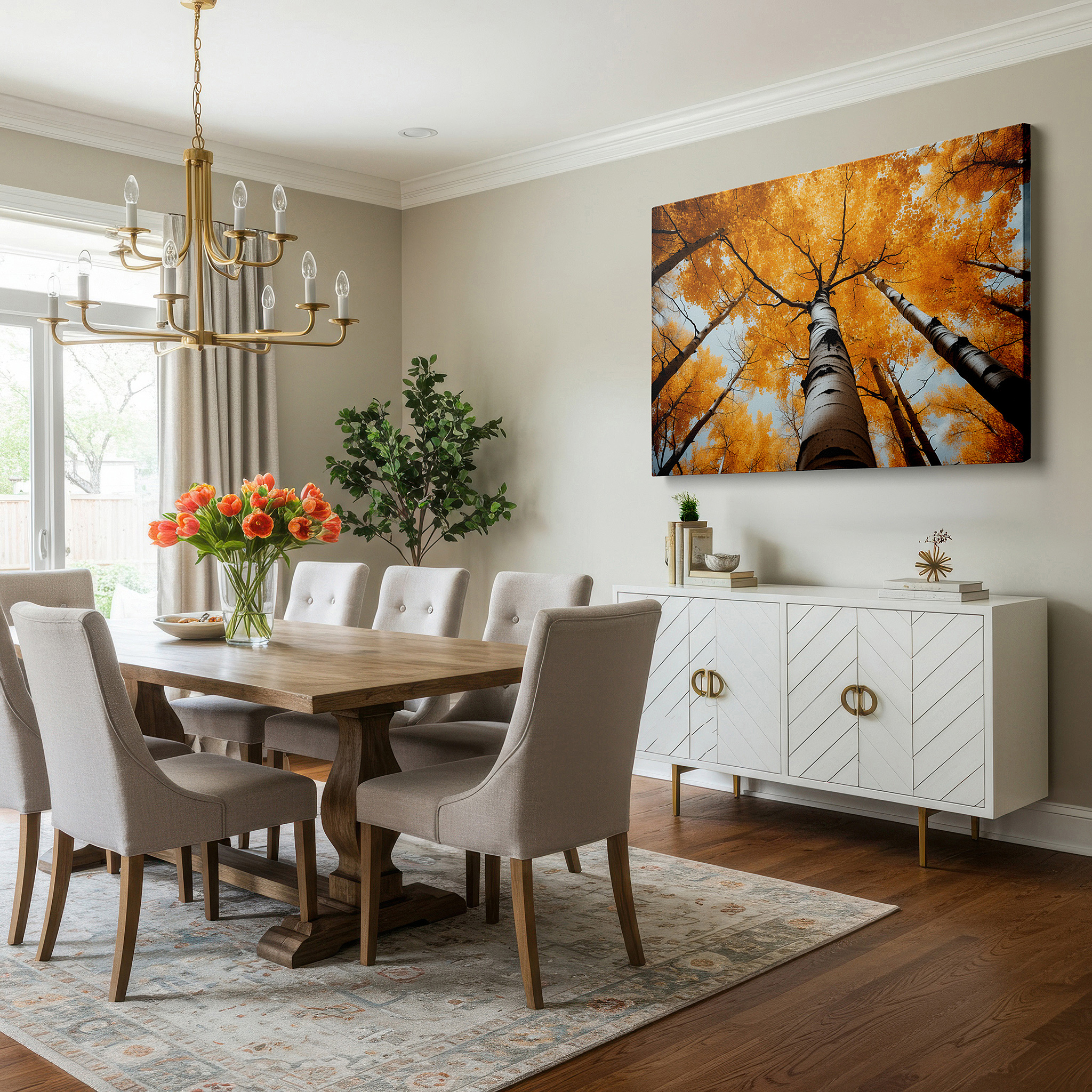 Lighting brings out layered depth in the print’s surface grain — golden autumn canopy - enchanting forest view large wall art, canvas wall art, wall decor for office and bedroom