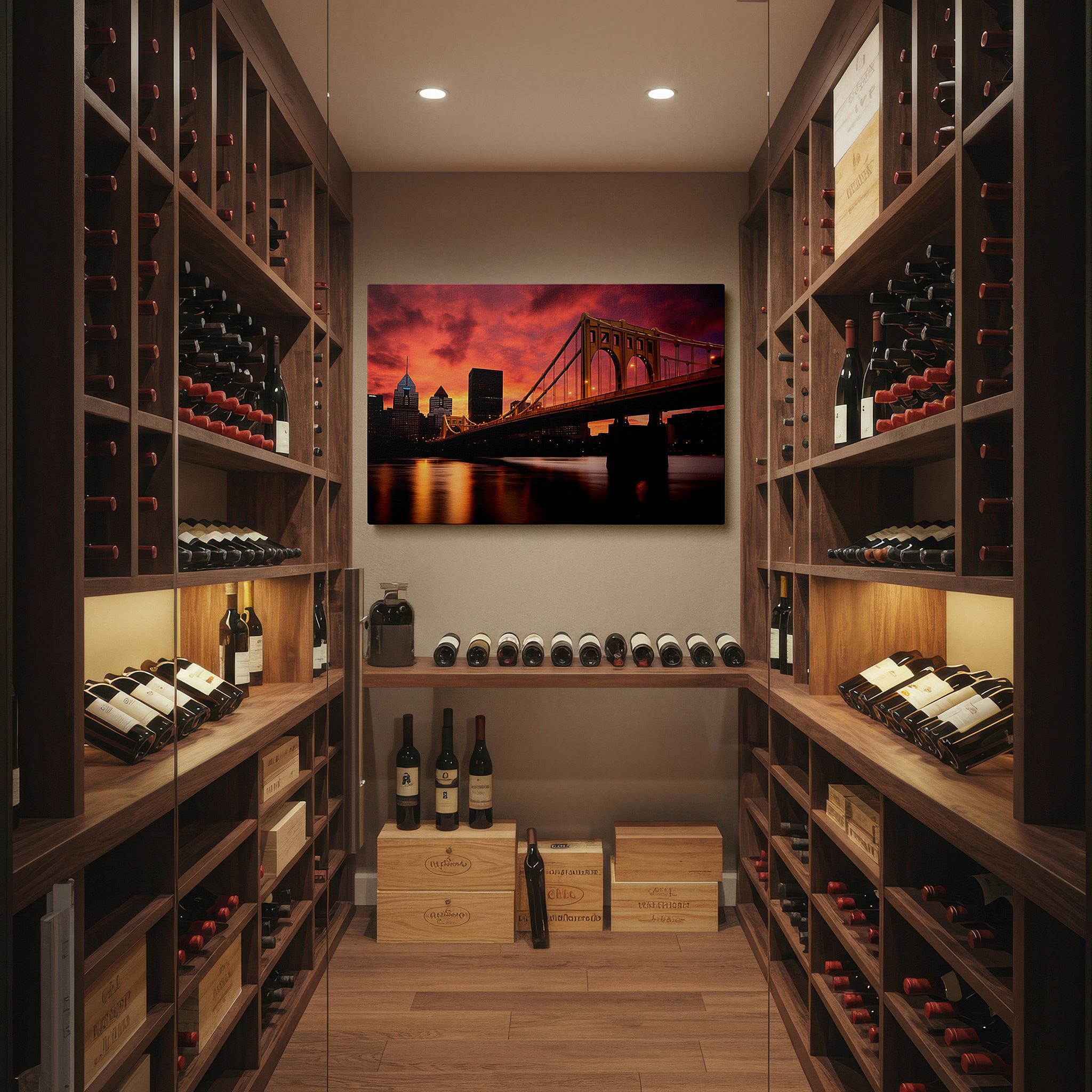 Lighting brings out layered depth in the print’s surface grain — golden bridge at dusk: nature and cityscape in harmony under a radiant sunset - large wall art, canvas wall art, wall decor for office