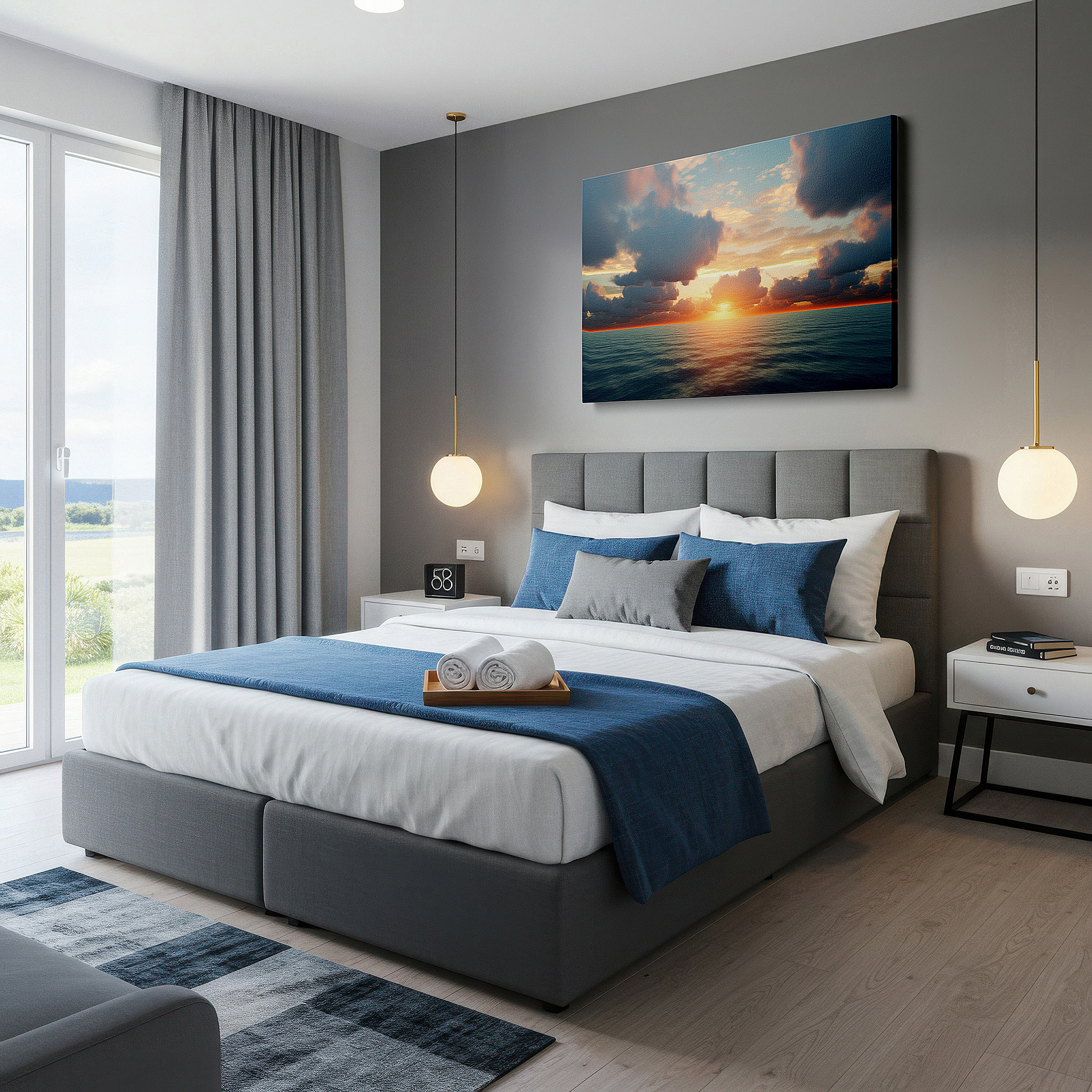 Lighting brings out layered depth in the print’s surface grain — golden coastal sunset serene scene with tranquil waters - large canvas wall art for office, bedroom, and living room decor