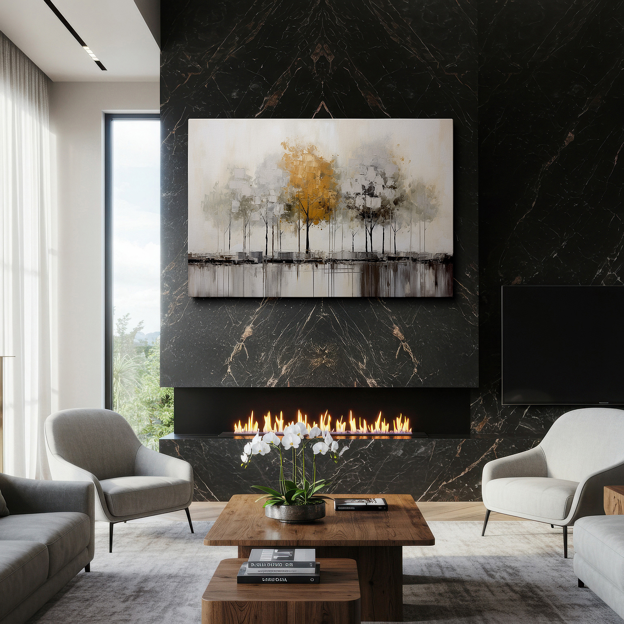Lighting brings out layered depth in the print’s surface grain — gray stylized trees with gold splashes exude serenity and tranquility - large canvas wall art for office decor