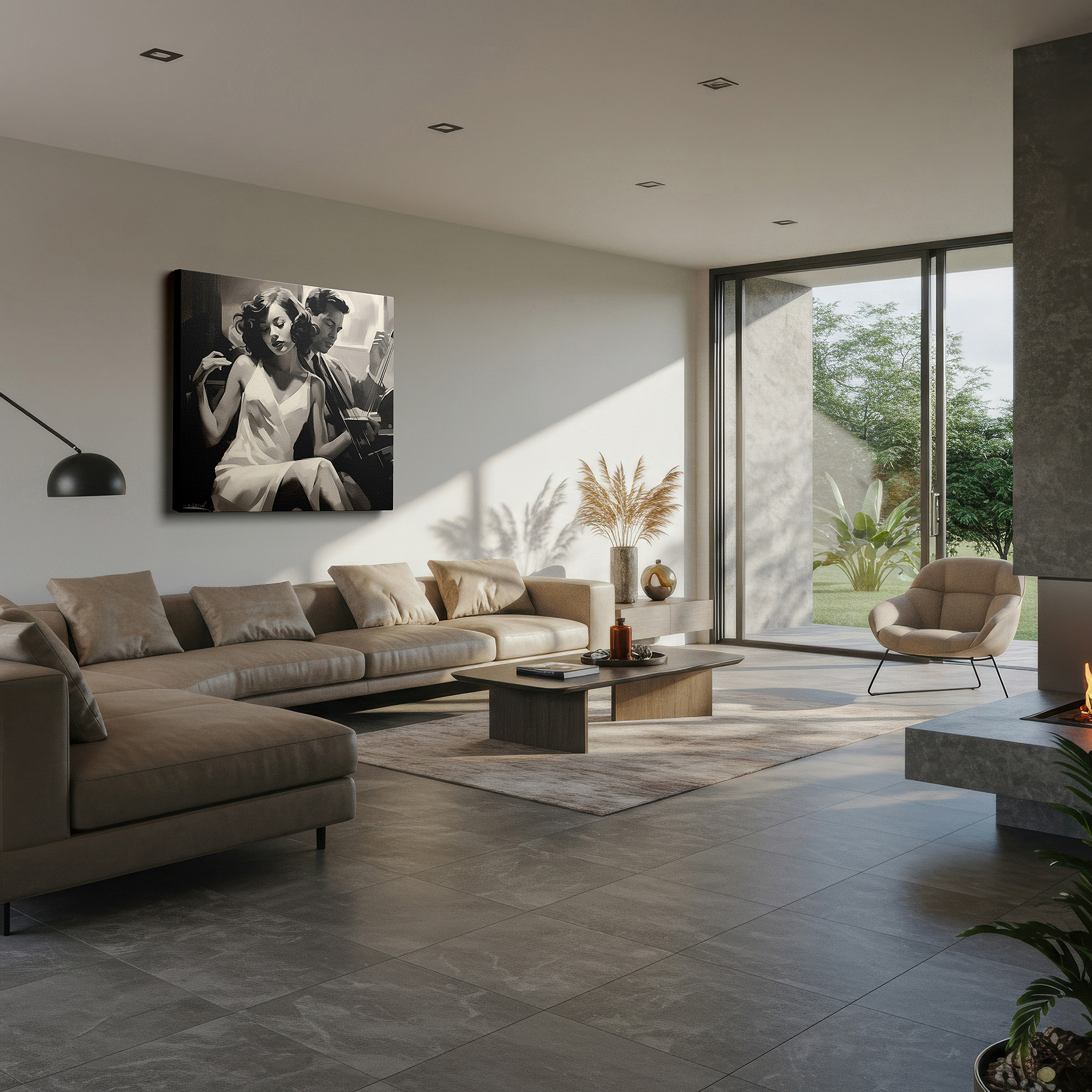 Lighting brings out layered depth in the print’s surface grain — jazz club-themed timeless musical romance large wall art for office, bedroom, and living room decor