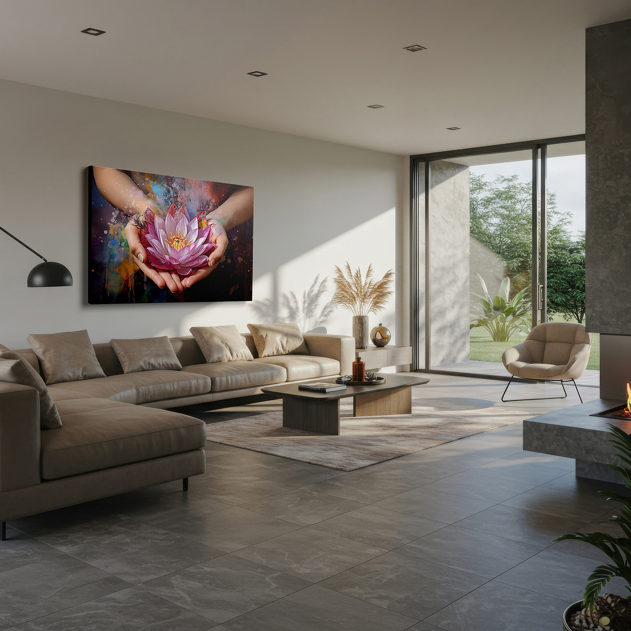 Lighting brings out layered depth in the print’s surface grain — large wall art canvas depicting hands cradling a lotus in a symbolic dance of purity and rebirth, highlighting the connection between humanity and nature