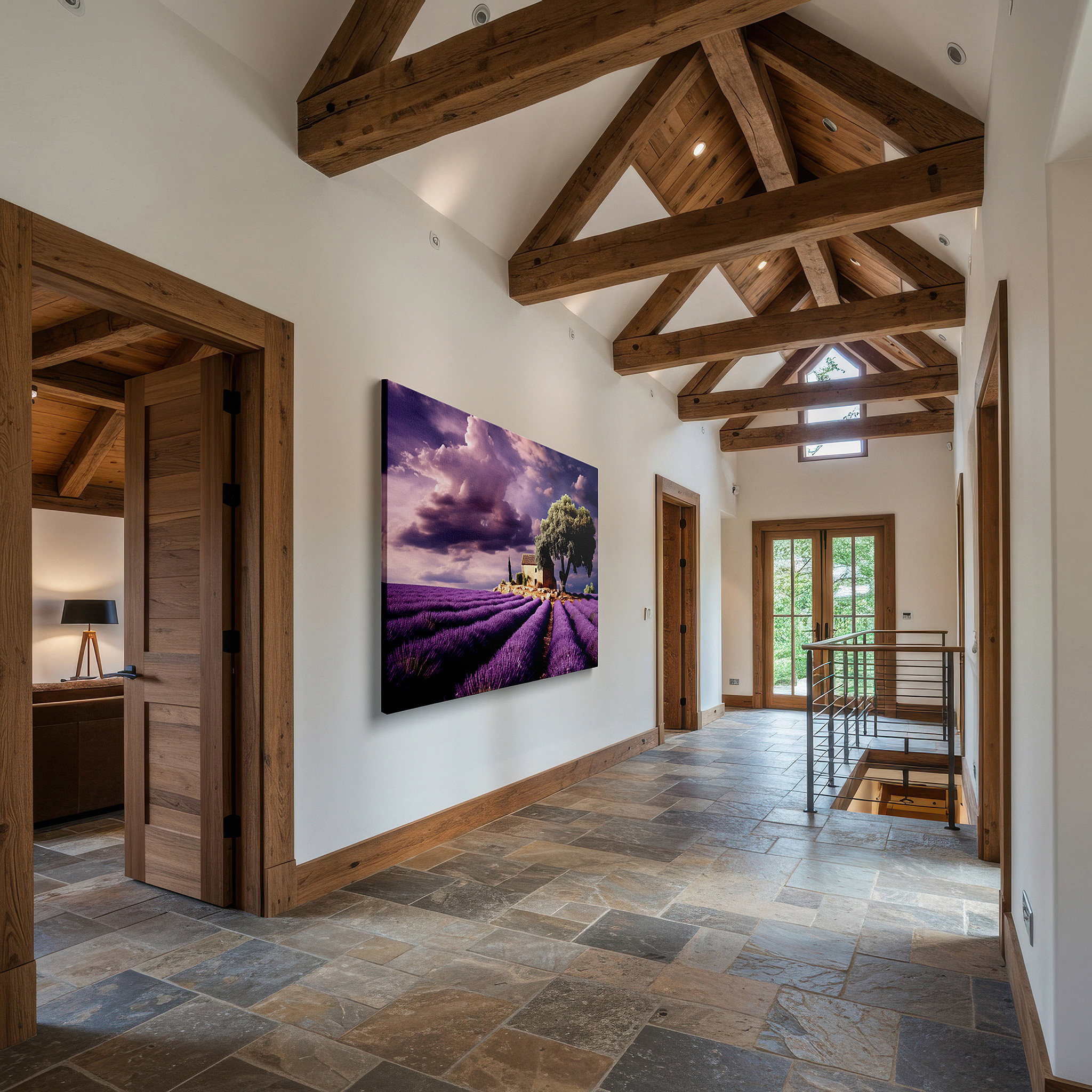 Lighting brings out layered depth in the print’s surface grain — lavender fields and rustic charm: a peaceful nature retreat - large wall art, canvas wall art, wall decor for office and bedroom