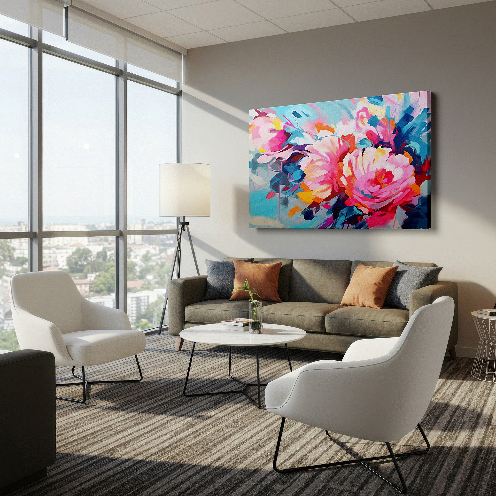 Lighting brings out layered depth in the print’s surface grain — a lively display of abstract floral designs, enhancing environments with vivid colors and energetic vibes: large wall art, canvas wall art, wall art