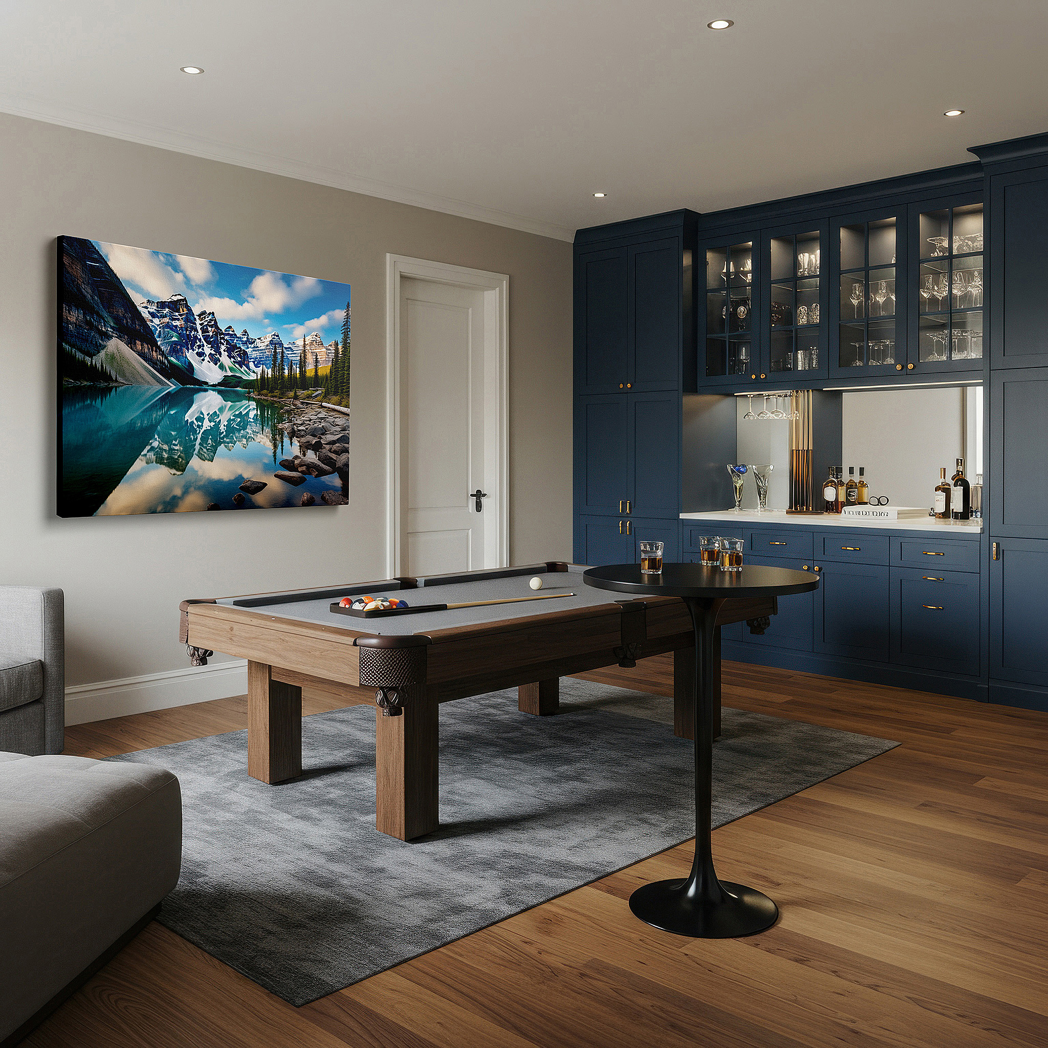 Lighting brings out layered depth in the print’s surface grain — majestic mountain peaks and serene lake reflections large wall art, canvas wall art, wall decor for office and bedroom