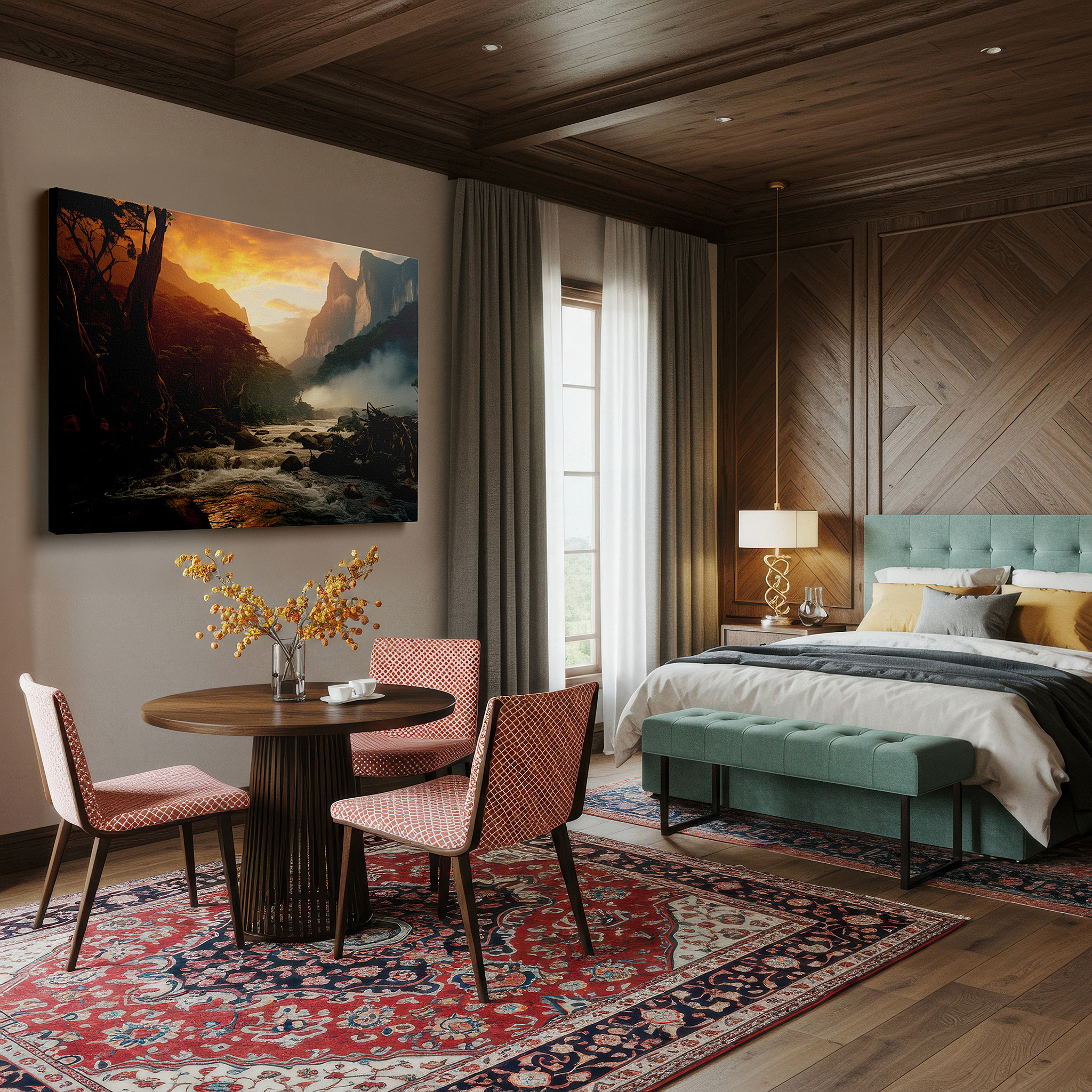 Lighting brings out layered depth in the print’s surface grain — majestic peaks and misty dawns - exquisite depiction of nature's splendor large wall art, canvas wall art, wall decor, office wall art, bedroom wall art