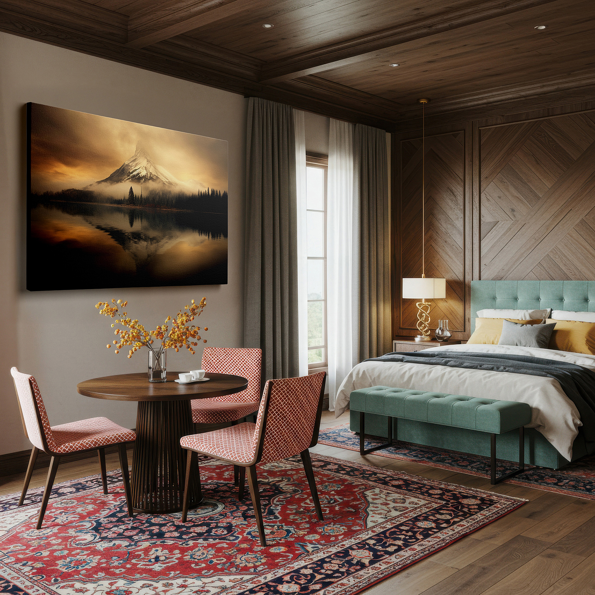 Lighting brings out layered depth in the print’s surface grain — misty dawn light on majestic mountain peak reflects timeless tranquility - large canvas wall art for home and office decor